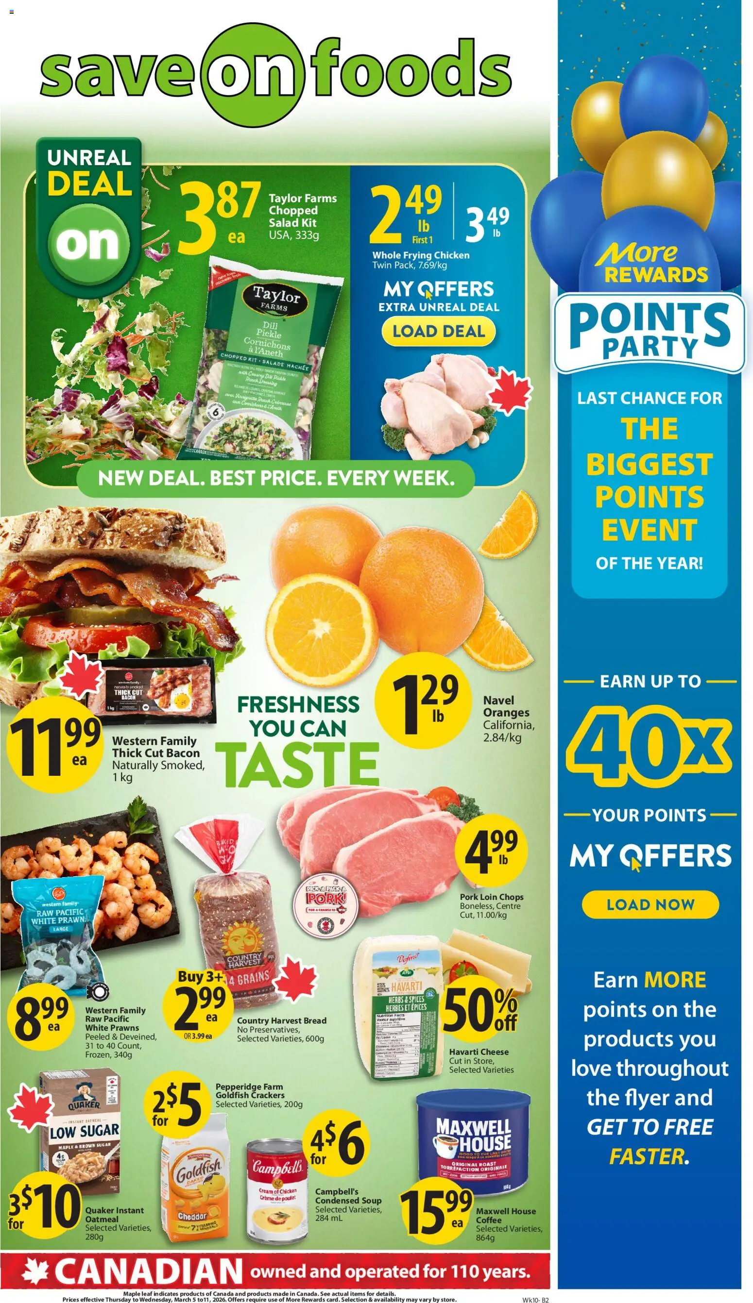 Preview of leaflet Save on foods weekly flyer / circulaire from shop Save on foods is valid from Mar 05, 2026 - Chicken, Cheese, Bacon, Cream, Crackers, Herbs, Pork loin, Cheddar