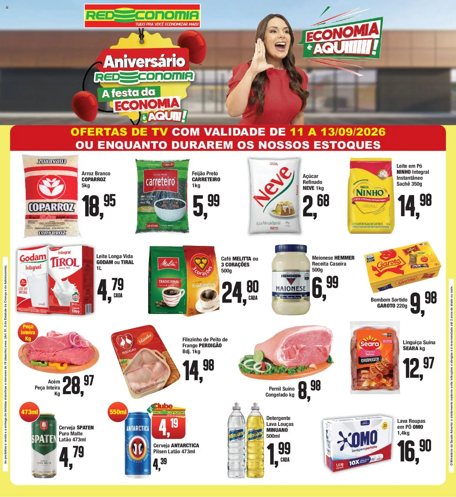 Pré-Visualização do folheto "RedEconomia ofertas" da loja RedEconomia válido a partir de 11/09/2026 - Café, Feijão, Leite, Copos, Bombom, Leite em pó, Pó, Acém