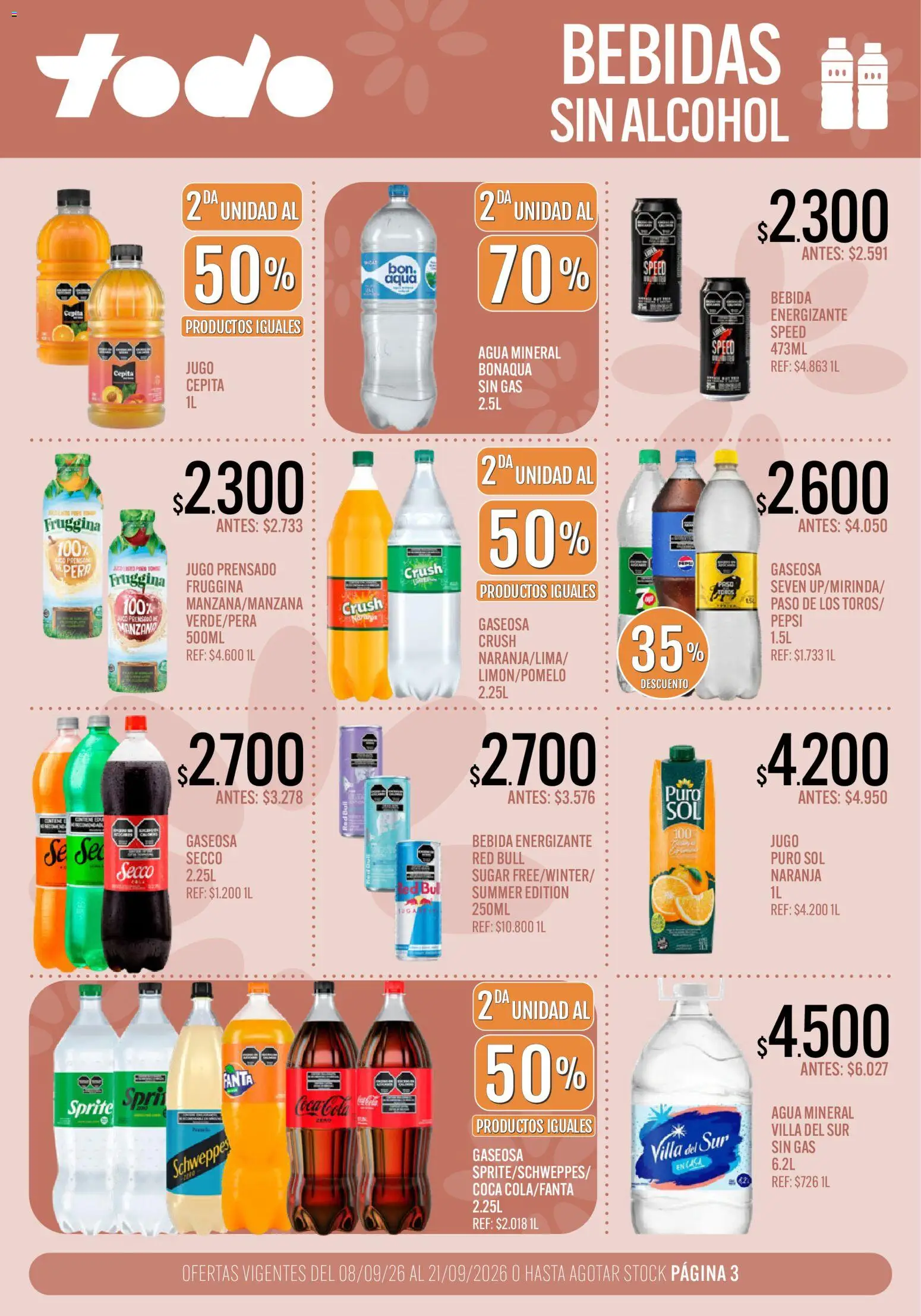 Vista previa del folleto de la tienda Supermercados TODO válido desde el 08/09/2026 - Agua, Bebidas, Alcohol, Pepsi, Sprite, Gaseosa, Jugo, Agua mineral