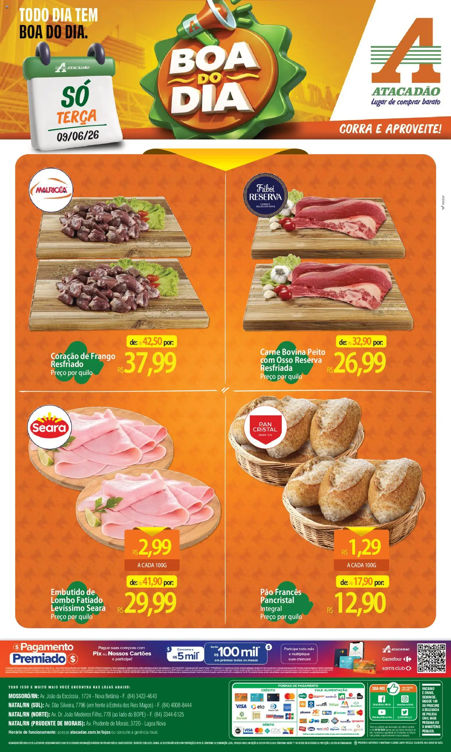 Pré-Visualização do folheto "Atacadão ofertas - RN" da loja Atacadão válido a partir de 09/06/2026 - Pão, Carne, Frango, Pão francês, Carne bovina, Lombo, Coração de frango