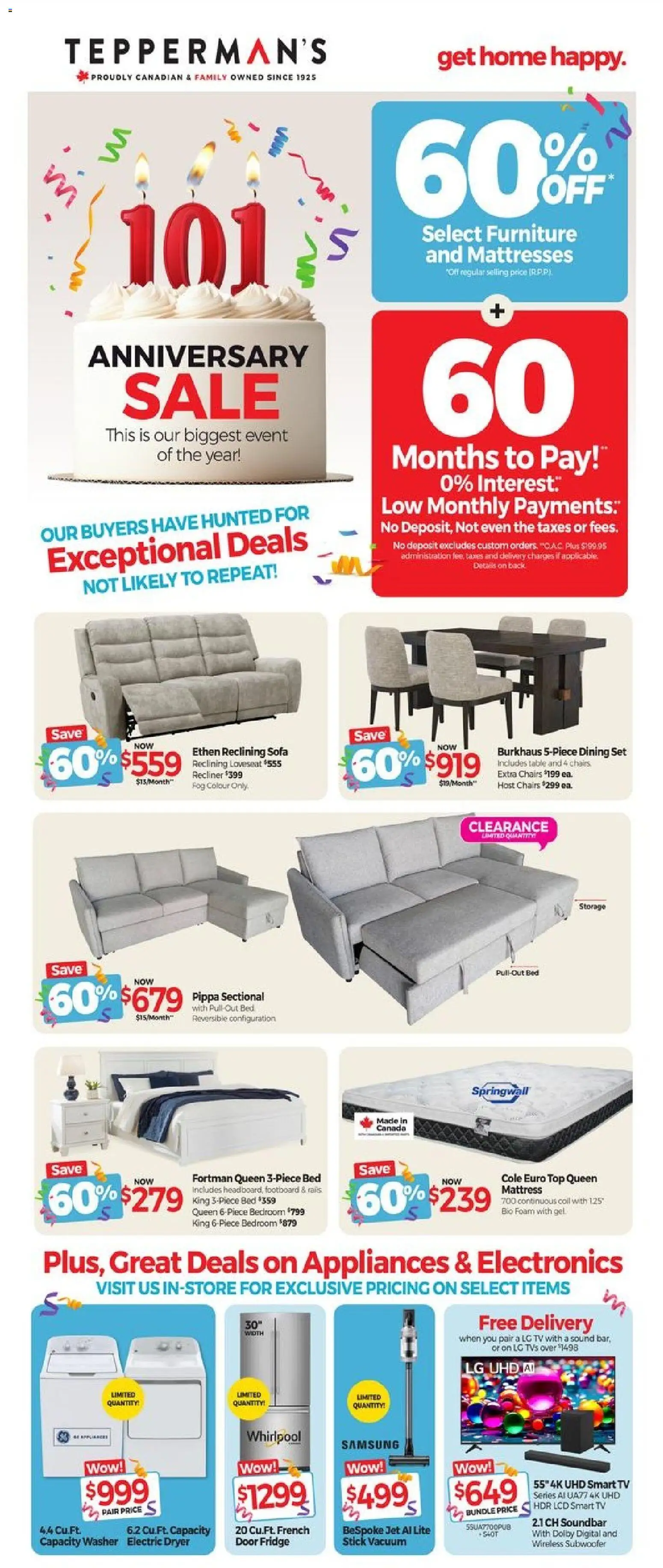 Preview of leaflet Tepperman's weekly flyer / circulaire from shop Tepperman's is valid from Mar 06, 2026 - Tv, Mattress, Sofa, Bed, Dryer, Foam, Soundbar, Table