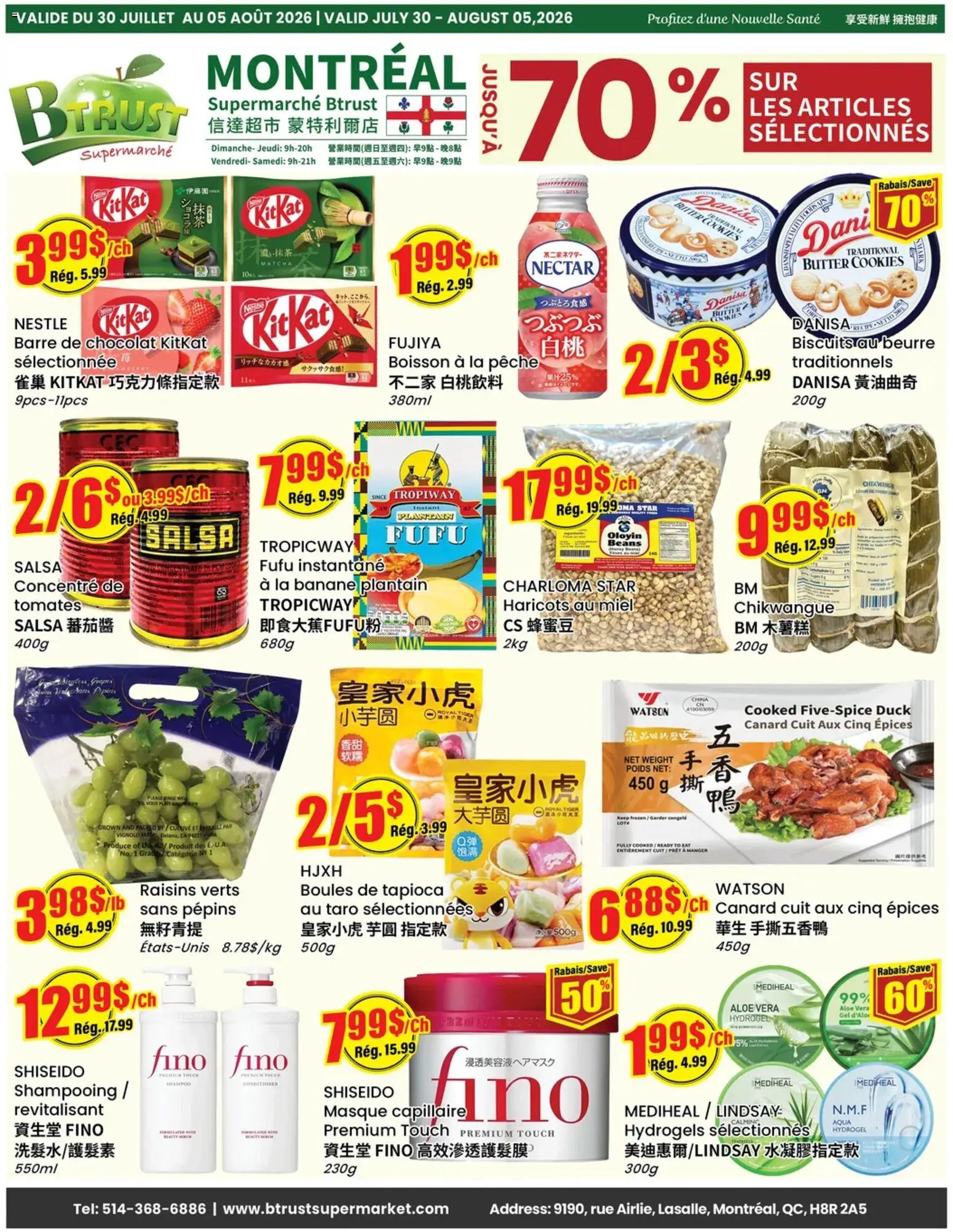 Preview of leaflet Btrust Supermarket weekly flyer / circulaire from shop Btrust Supermarket is valid from Jul 30, 2026 - Cookies, Matcha, Duck, Biscuits, Butter, Aloe vera, Raisins, Conditioner