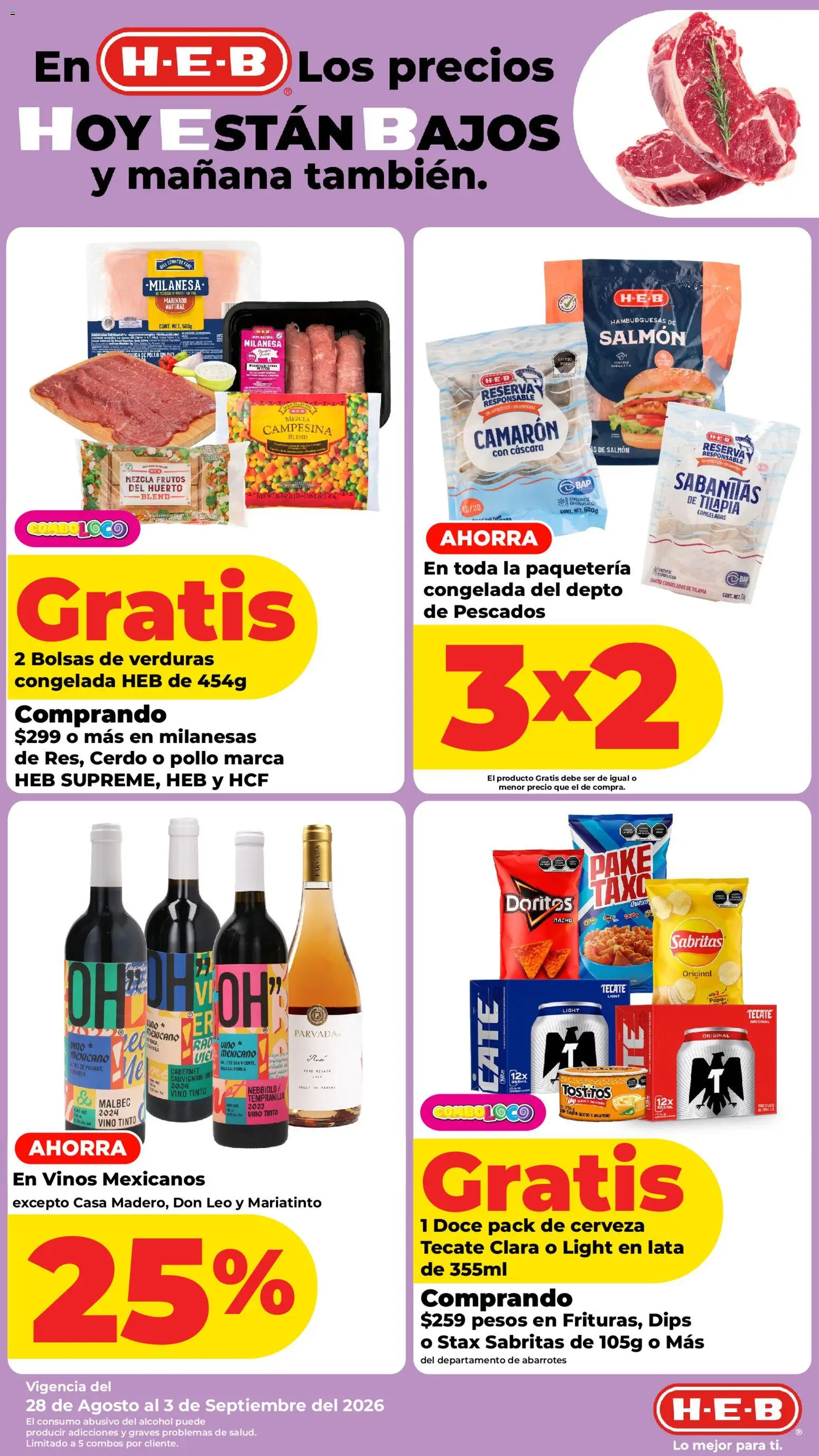 Vista previa las ofertas de la tienda H-E-B - H-E-B folleto desde el 28/08/2026 - Pollo, Cerveza, Alcohol, Vino tinto, Vino, Cerdo, Milanesa, Milanesas