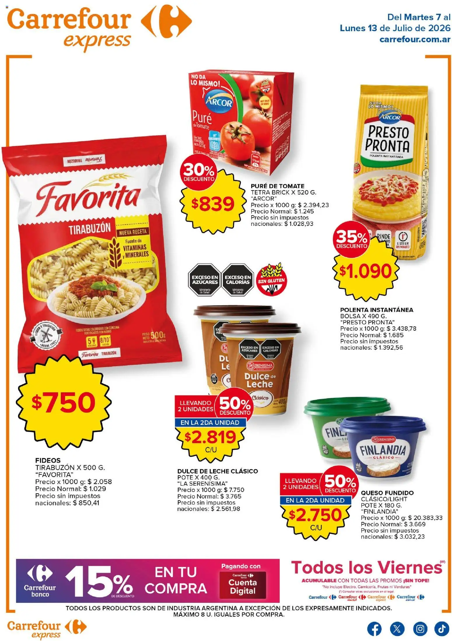 Vista previa del folleto de la tienda Carrefour válido desde el 07/07/2026 - Vitaminas, Bolsa, Fuente, Dulce de leche, Queso, Verduras, Leche, Pure de Tomate