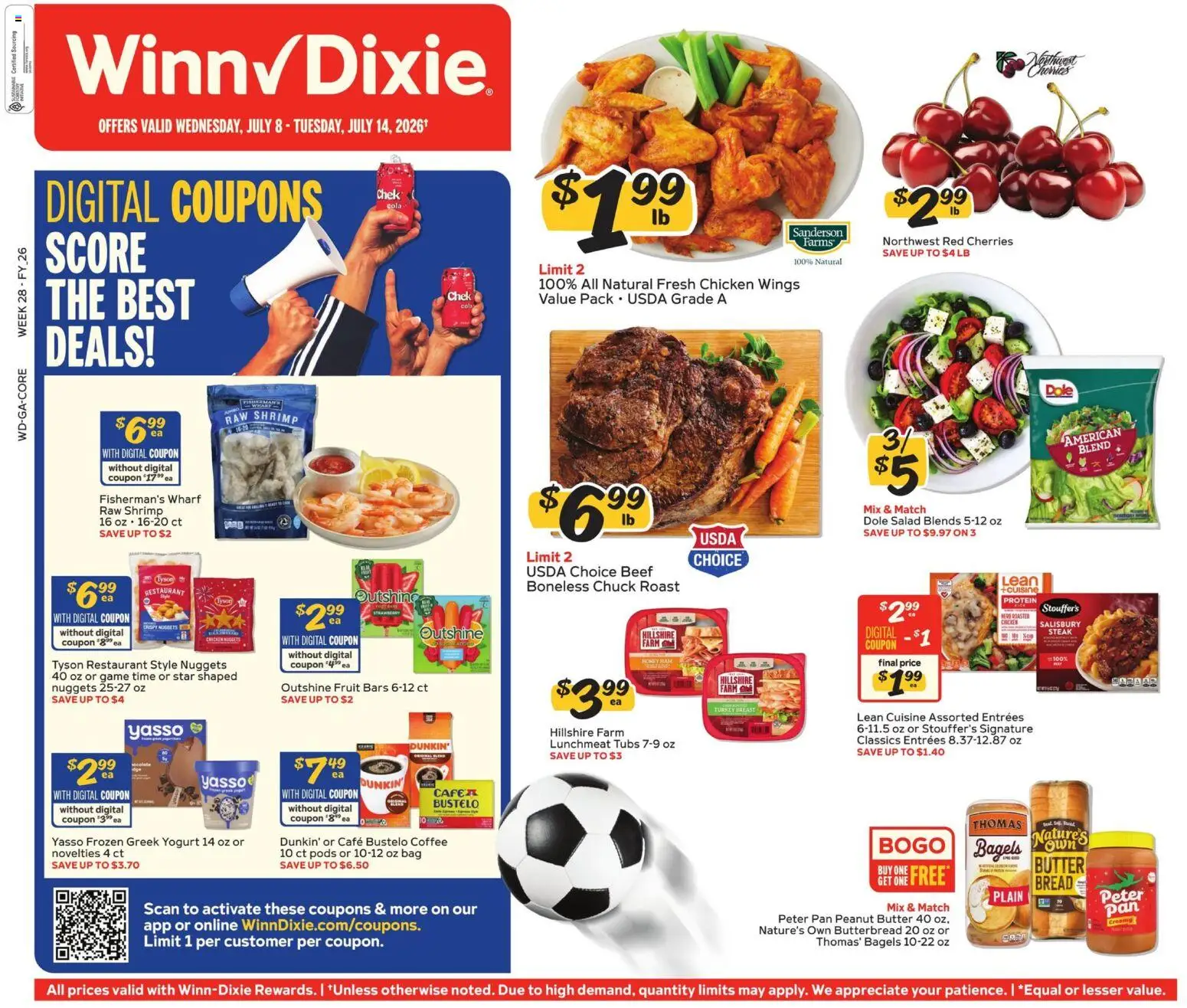 Ad Preview of Winn Dixie Winn Dixie Weekly Ad from 07/08/2026 - Steak, Salad, Fruit, Bread, Shrimp, Protein, Ham, Chicken