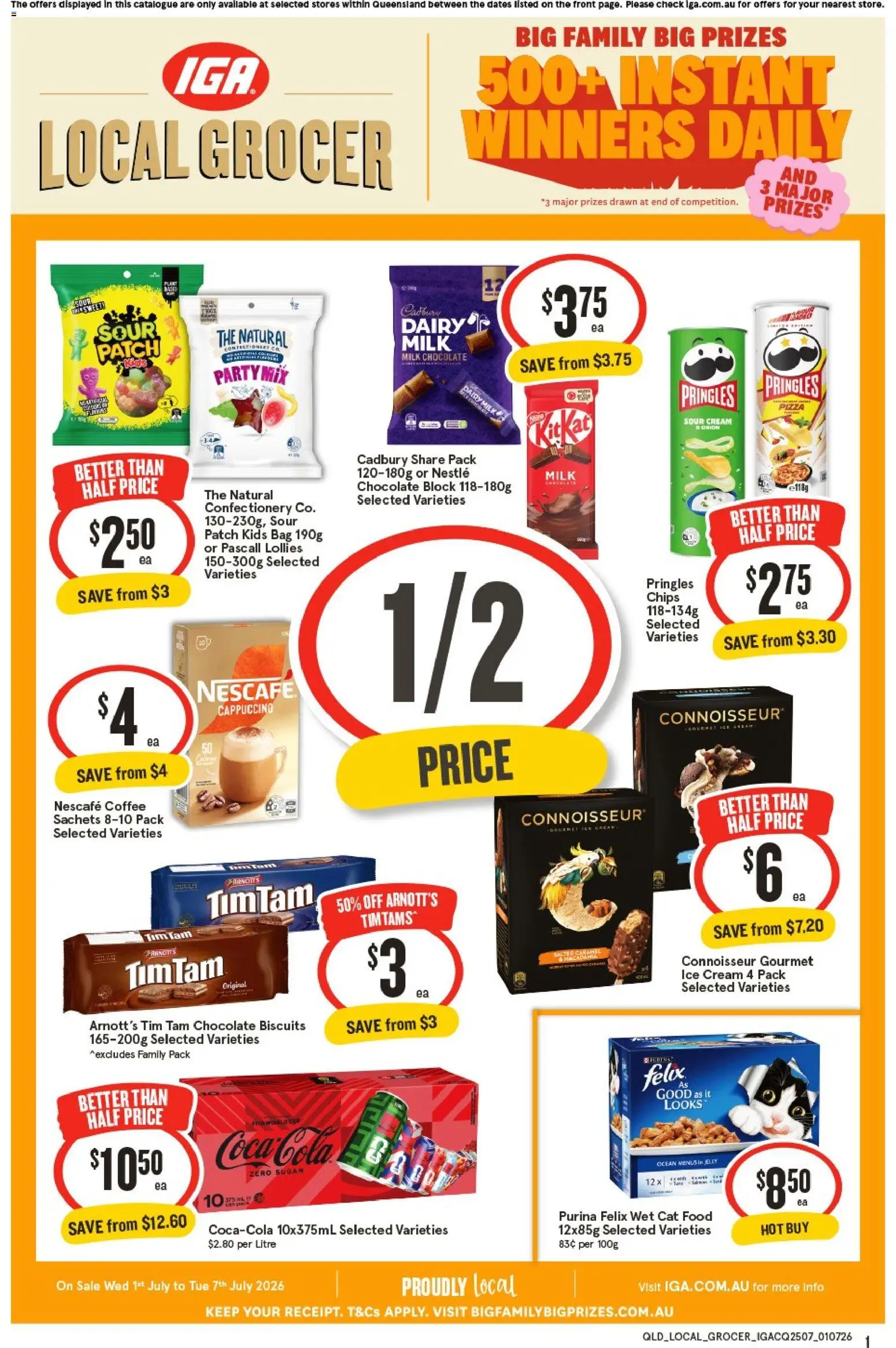 Preview of catalogue IGA Local Grocer QLD from shop IGA valid 01/07/2026 - Food, Dairy, Chocolate, Sour cream, Chips, Coca Cola Zero, Cappuccino, Ice