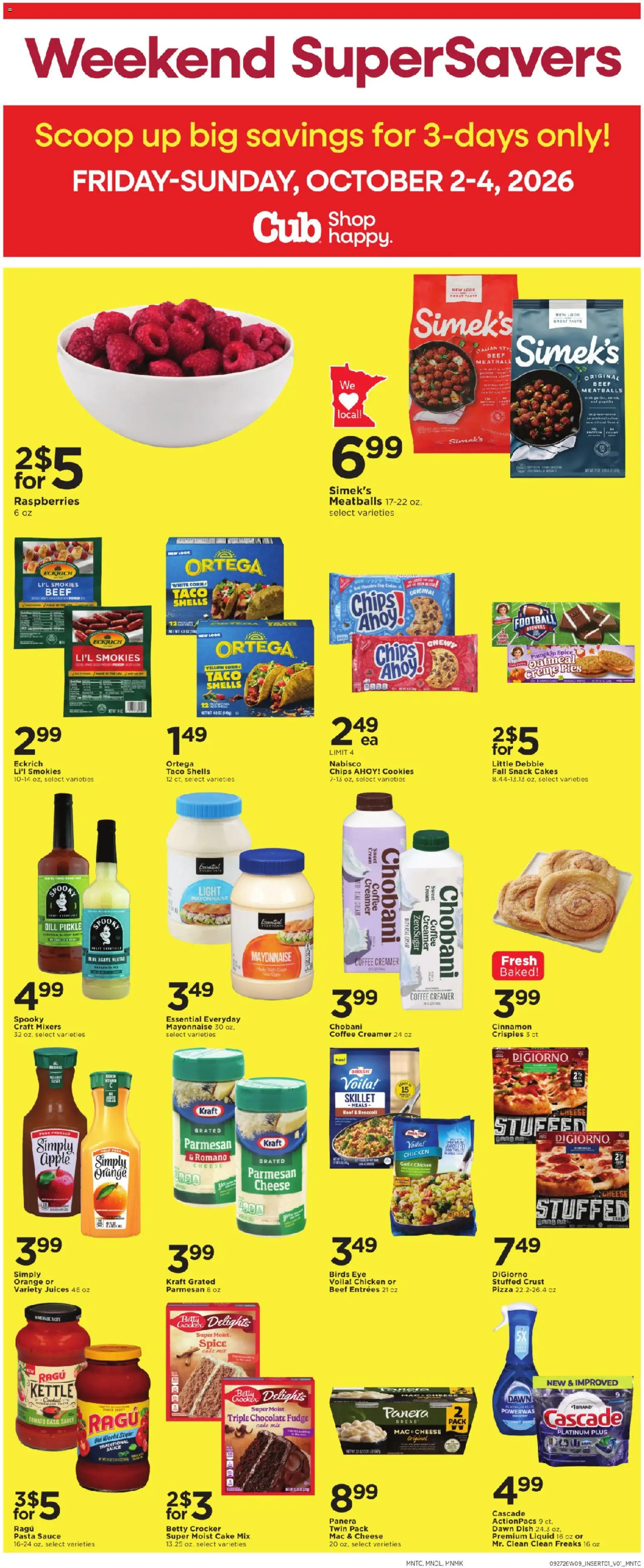 Ad Preview of Cub Foods Cub Foods 3 Day Sale from 10/02/2026 - Pizza, Chocolate, Pasta, Chips, Bread, Protein, Agave, Cream