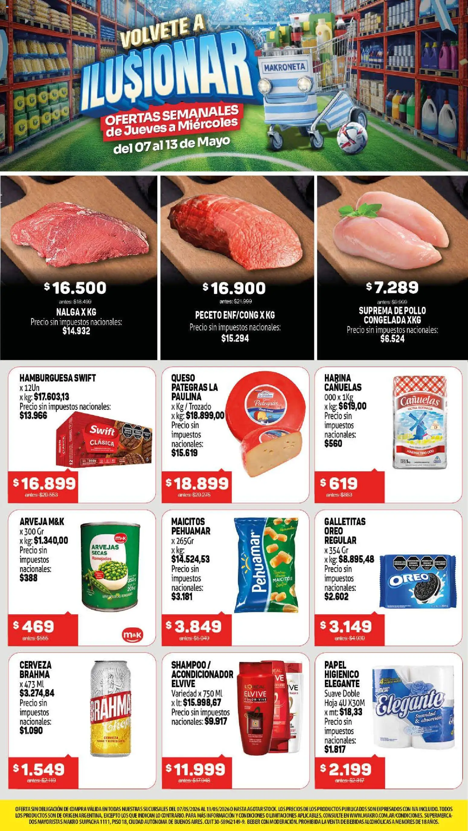 Vista previa del folleto de la tienda Makro válido desde el 07/05/2026 - Hamburguesa, Pollo, Bebidas, Queso, Shampoo, Oreo, Harina, Acondicionador