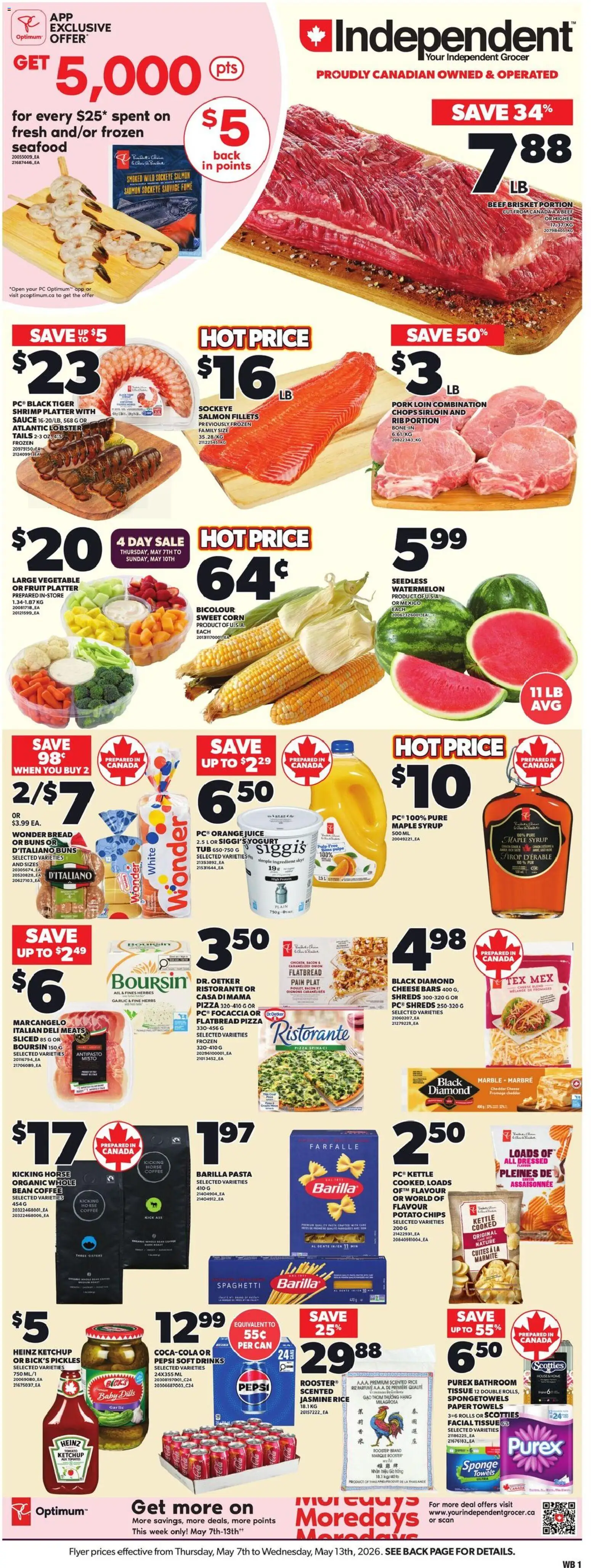 Preview of leaflet Independent Grocer flyer - AB from shop Independent Grocer is valid from May 07, 2026 - Fruit, Seafood, Spaghetti, Drinks, Tomato, Garlic, Towels, Barilla