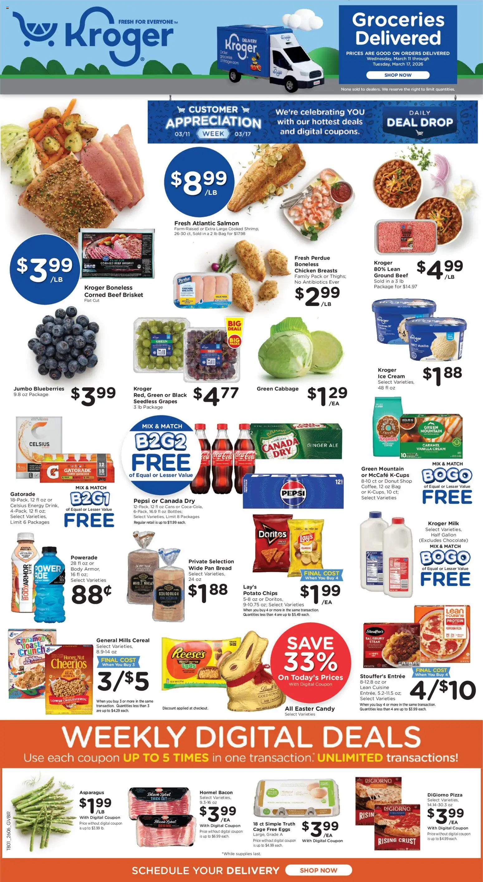 Ad Preview of Kroger Kroger Ad from 03/11/2026 - Candy, Cereal, Ginger, Bacon, Beef, Peanut butter, Chicken breasts, Cream