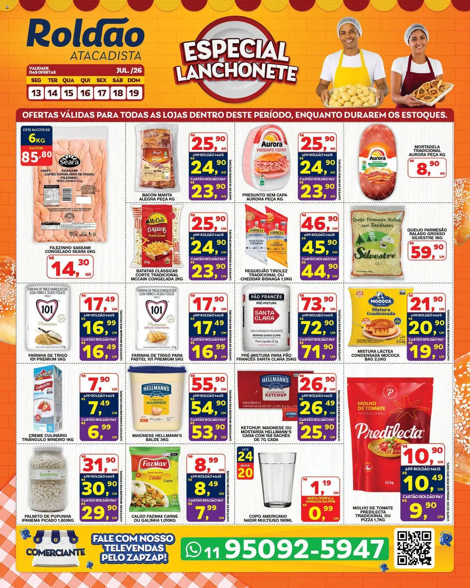 Pré-Visualização do folheto "Roldão - Ofertas da semana" da loja Roldão válido a partir de 13/07/2026 - Caixa, Pão, Frango, Ketchup, Cheddar, Bacon, Mortadela, Balde