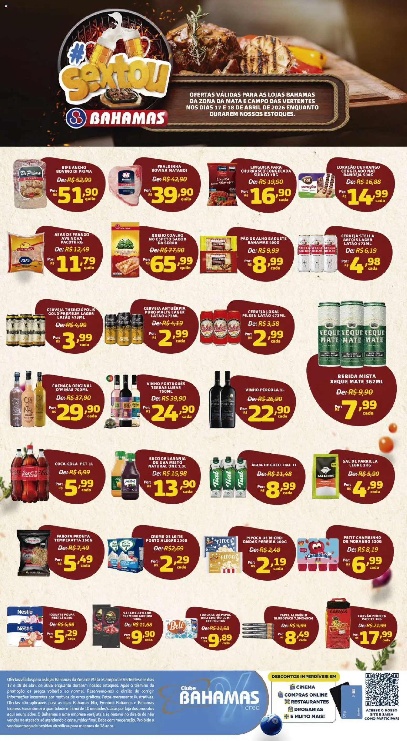 Pré-Visualização do folheto "Bahamas Supermercados ofertas Sextou " da loja Bahamas Supermercados válido a partir de 17/04/2026 - Coco, Água, Bebidas, Bebida, Queijo, Suco, Bandeja, Toalhas de papel