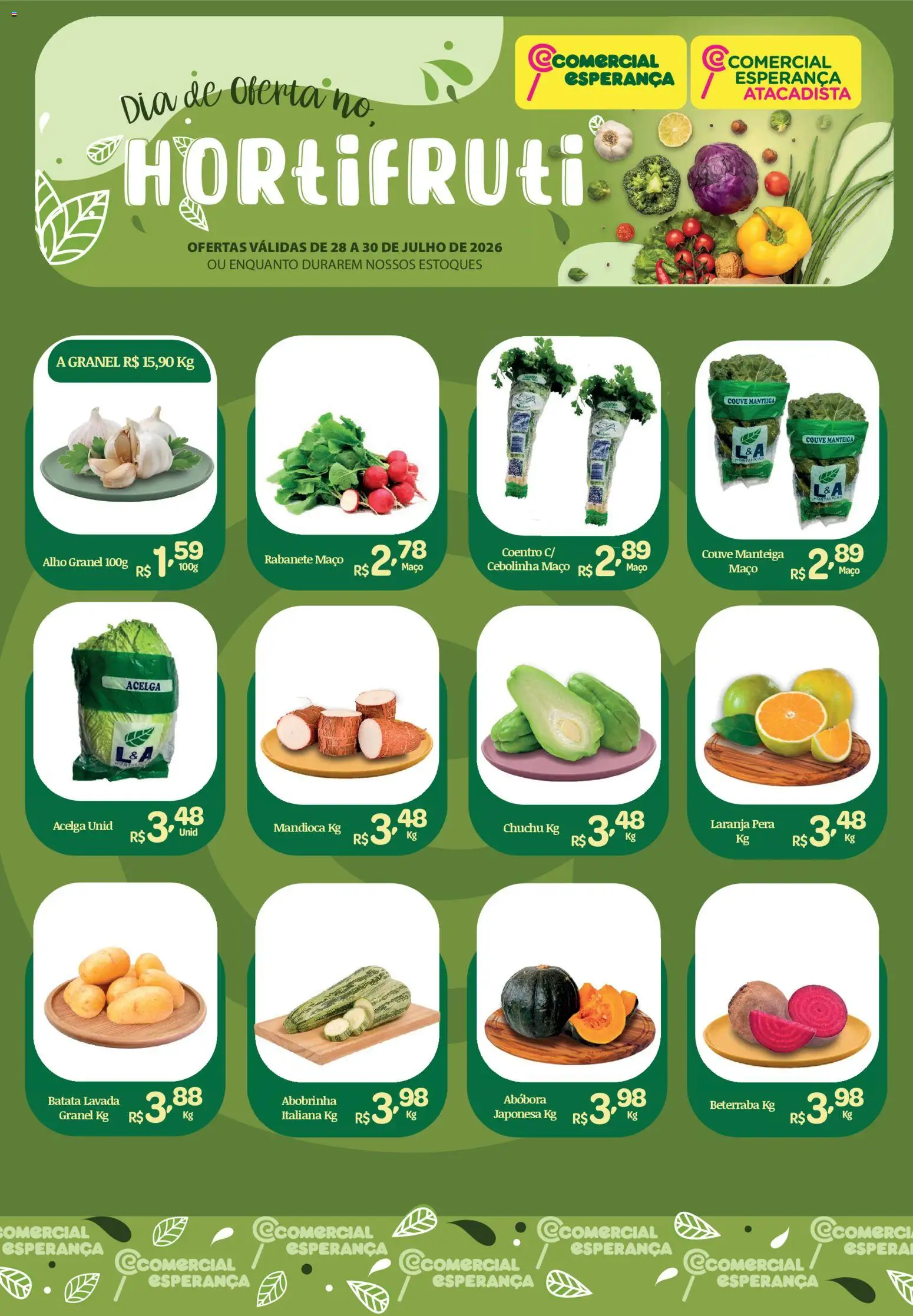 Pré-Visualização do folheto "Comercial Esperança ofertas Hortifruti" da loja Comercial Esperança válido a partir de 28/07/2026 - Chuchu, Abóbora, Pera, Abobrinha, Manteiga, Couve, Mandioca, Alho