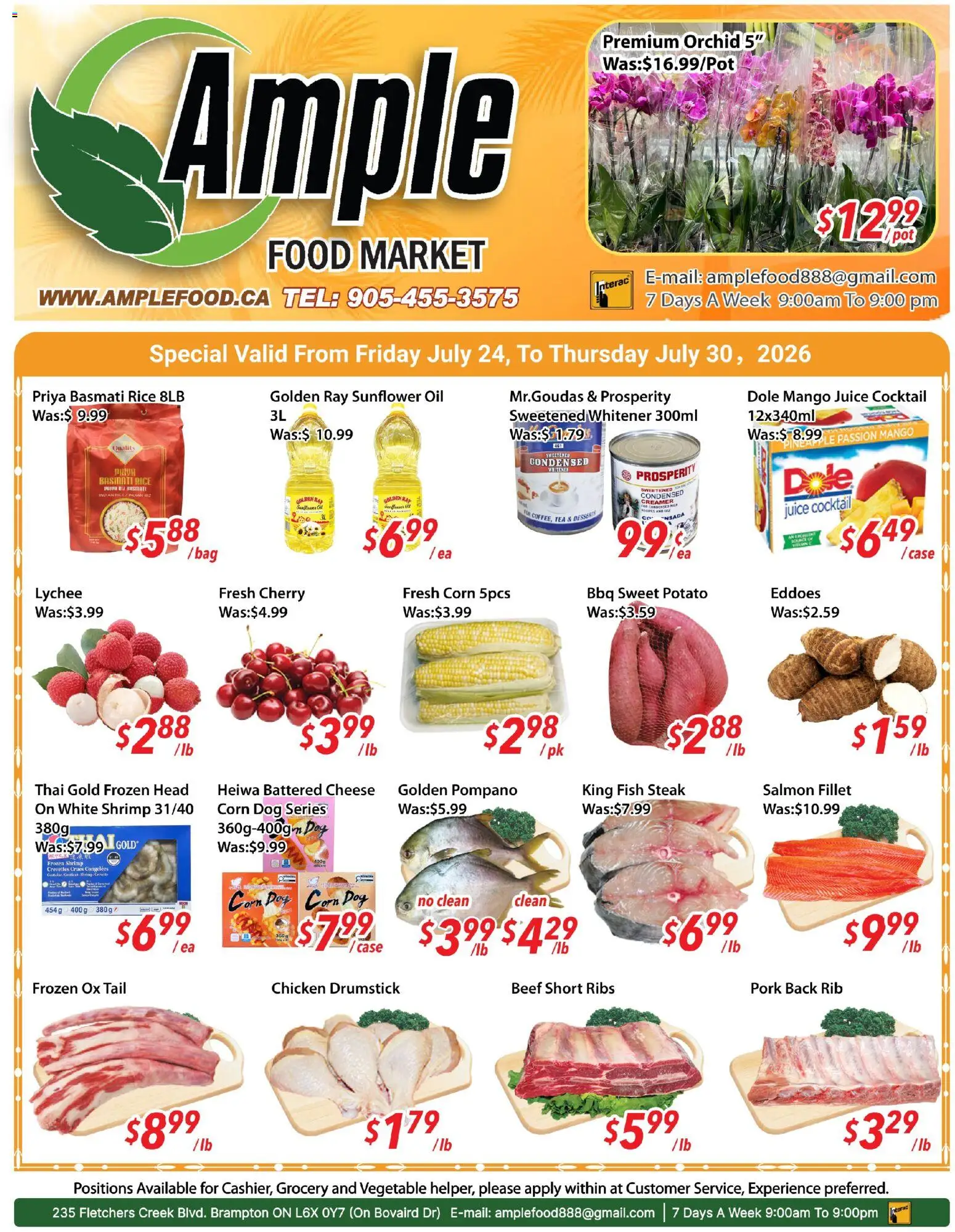 Preview of leaflet Ample Food Market weekly flyer / circulaire from shop Ample Food Market is valid from Jul 24, 2026 - Mango, Fish, Cheese, Salmon, Shrimp, Beef, Pork, Fillet