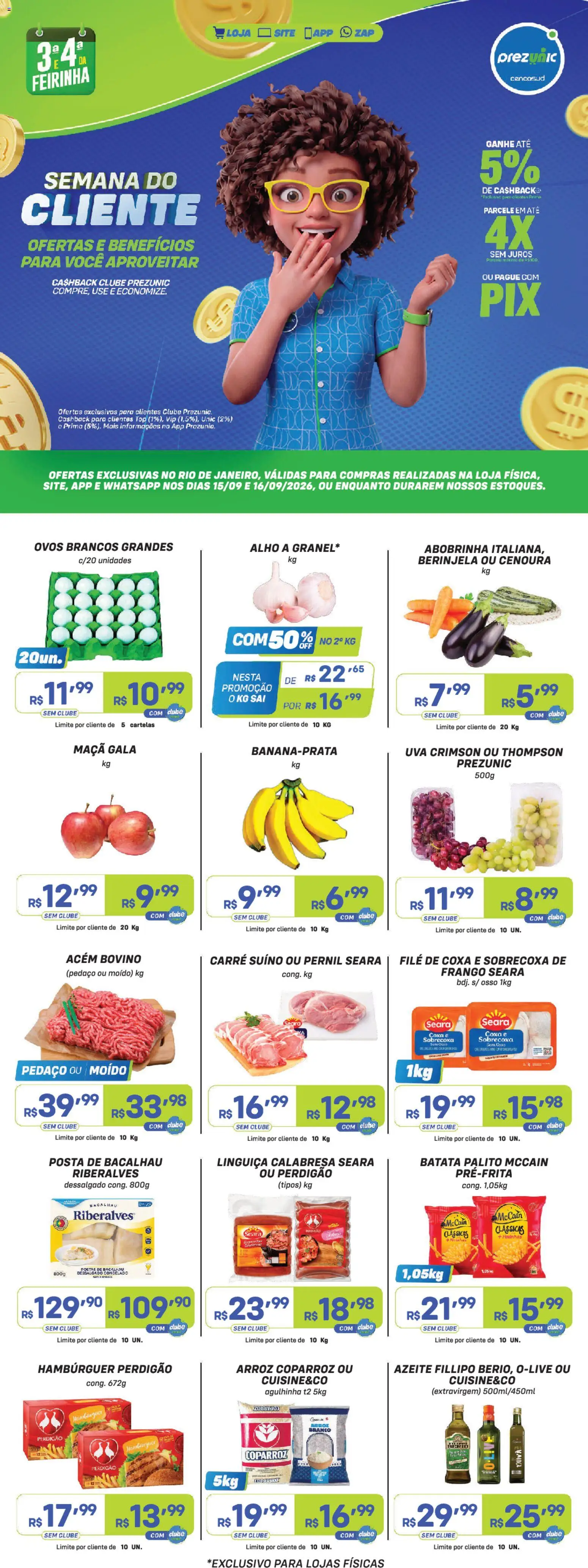 Pré-Visualização do folheto "Prezunic ofertas" da loja Prezunic válido a partir de 15/09/2026 - Hambúrguer, Arroz, Batata, Abobrinha, Bacalhau, Berinjela, Linguiça, Alho