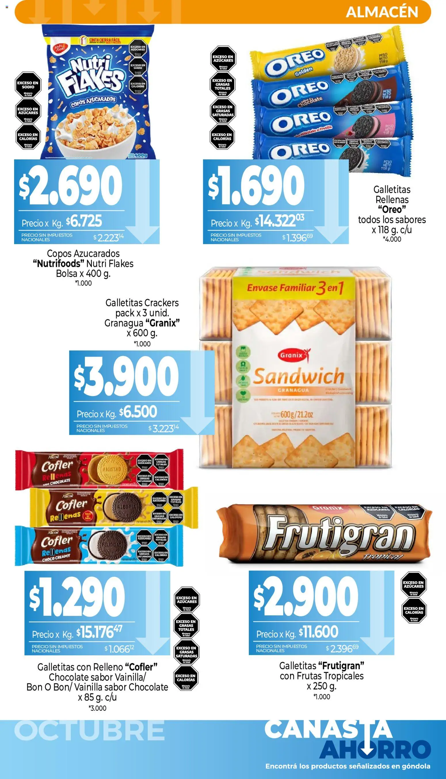 Vista previa del folleto de la tienda La Anonima válido desde el 01/10/2026 - Chocolate, Peso, Bolsa, Galletitas, Oreo, Vainilla, Canasta, Copos