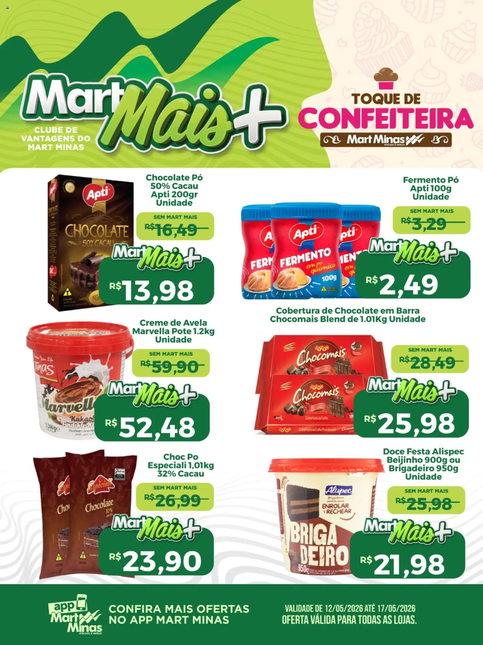 Pré-Visualização do folheto "Mart Minas ofertas Confeiteira" da loja Mart Minas válido a partir de 12/05/2026 - Chocolate, Chocolate em barra, Leite, Creme, Pó, Caro, Avelã, Creme de avelã