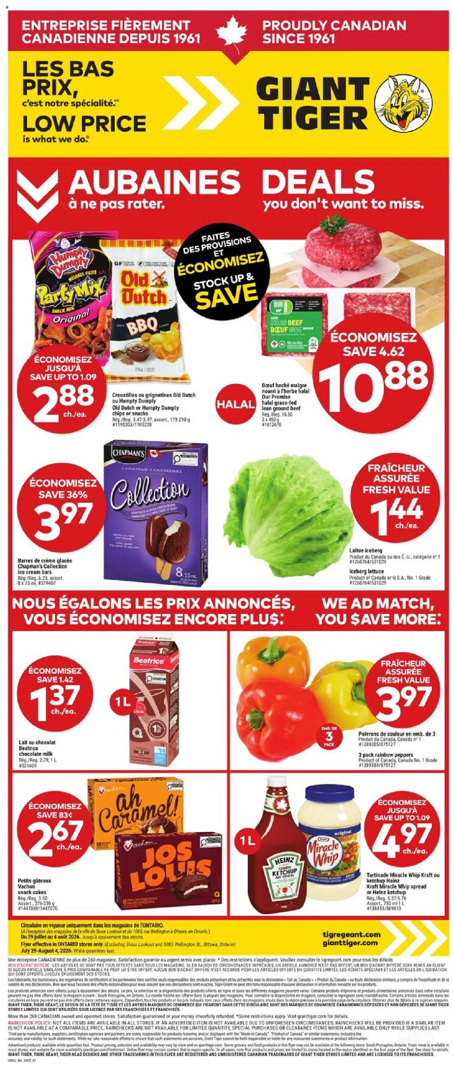 Preview of leaflet Giant Tiger circulaire from shop Giant Tiger is valid from Jul 29, 2026 - Ice cream, Chocolate, Meat, Snacks, Milk, Beef, Ground beef, Iceberg lettuce