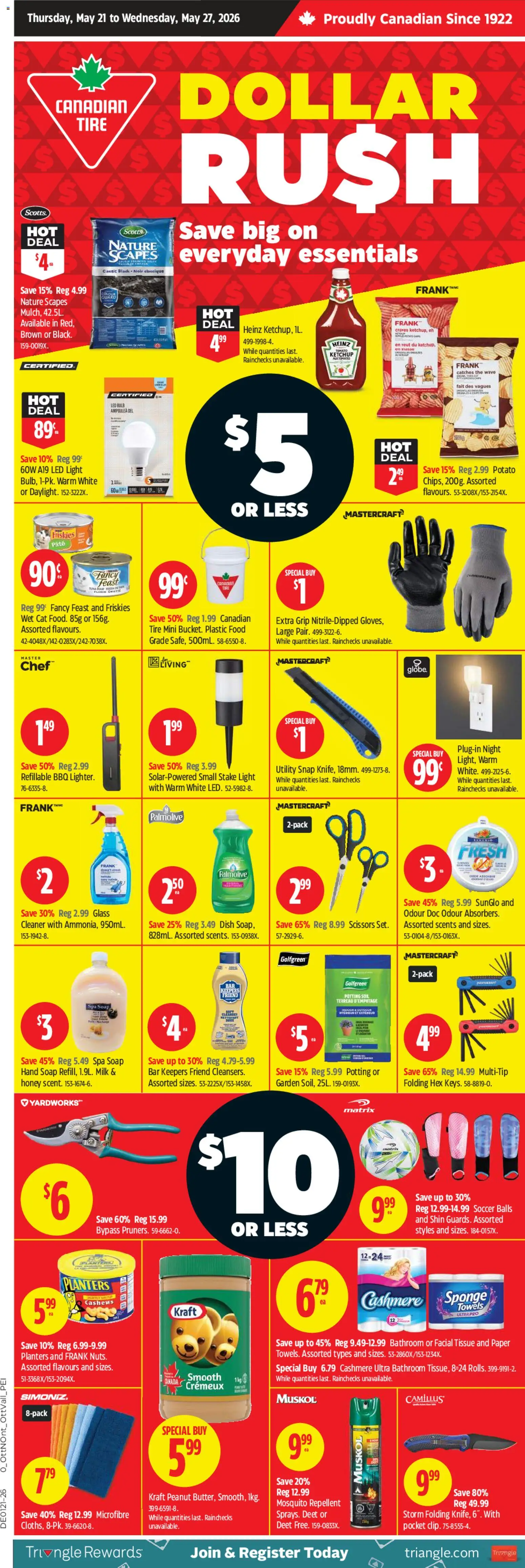 Preview of leaflet Canadian Tire flyer - Dollar Rush from shop Canadian Tire is valid from May 21, 2026 - Food, Honey, LED light, Soap, Pâté, Ketchup, Towels, Sponge