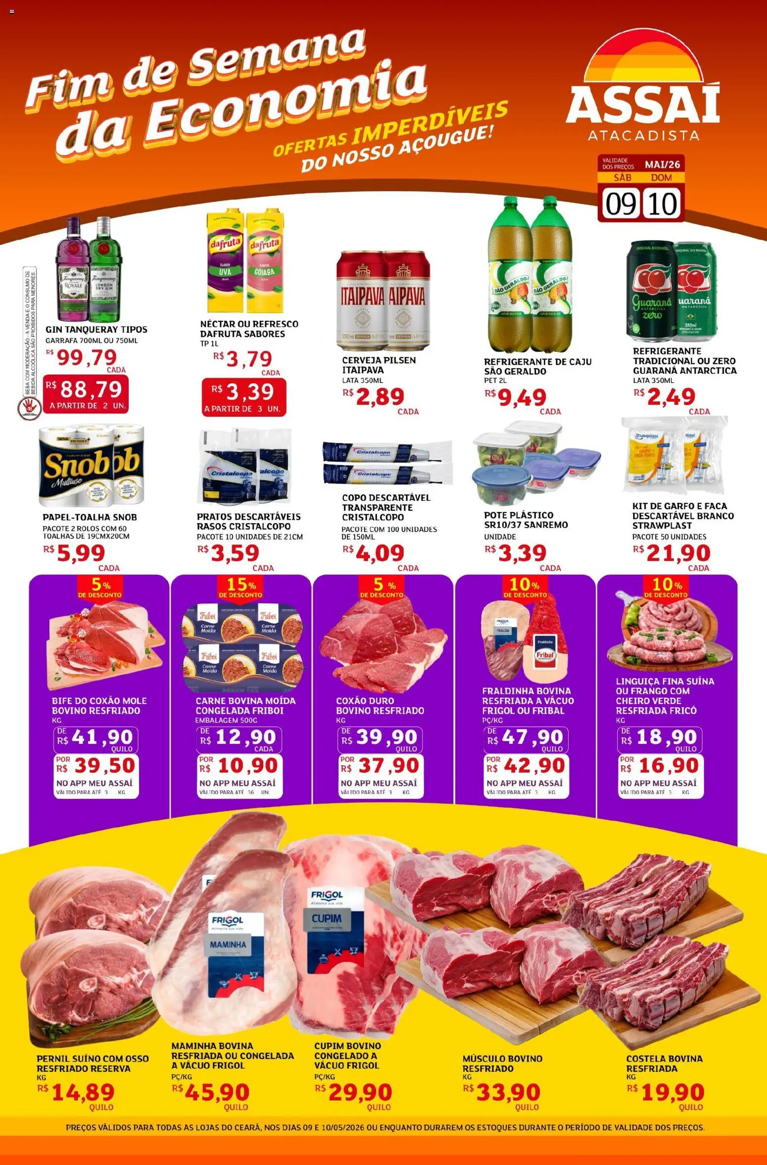 Pré-Visualização do folheto "Assaí Atacadista ofertas - CE" da loja Assaí Atacadista válido a partir de 09/05/2026 - Gin, Caju, Fraldinha, Guaraná, Maminha, Pratos descartáveis, Músculo bovino, Coxão mole