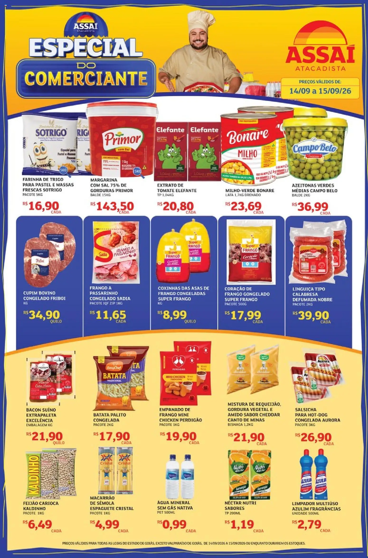 Pré-Visualização do folheto "Assaí Atacadista ofertas - GO" da loja Assaí Atacadista válido a partir de 14/09/2026 - Feijão, Tomate, Linguiça, Farinha, Margarina, Espaguete, Água mineral, Limpador multiuso