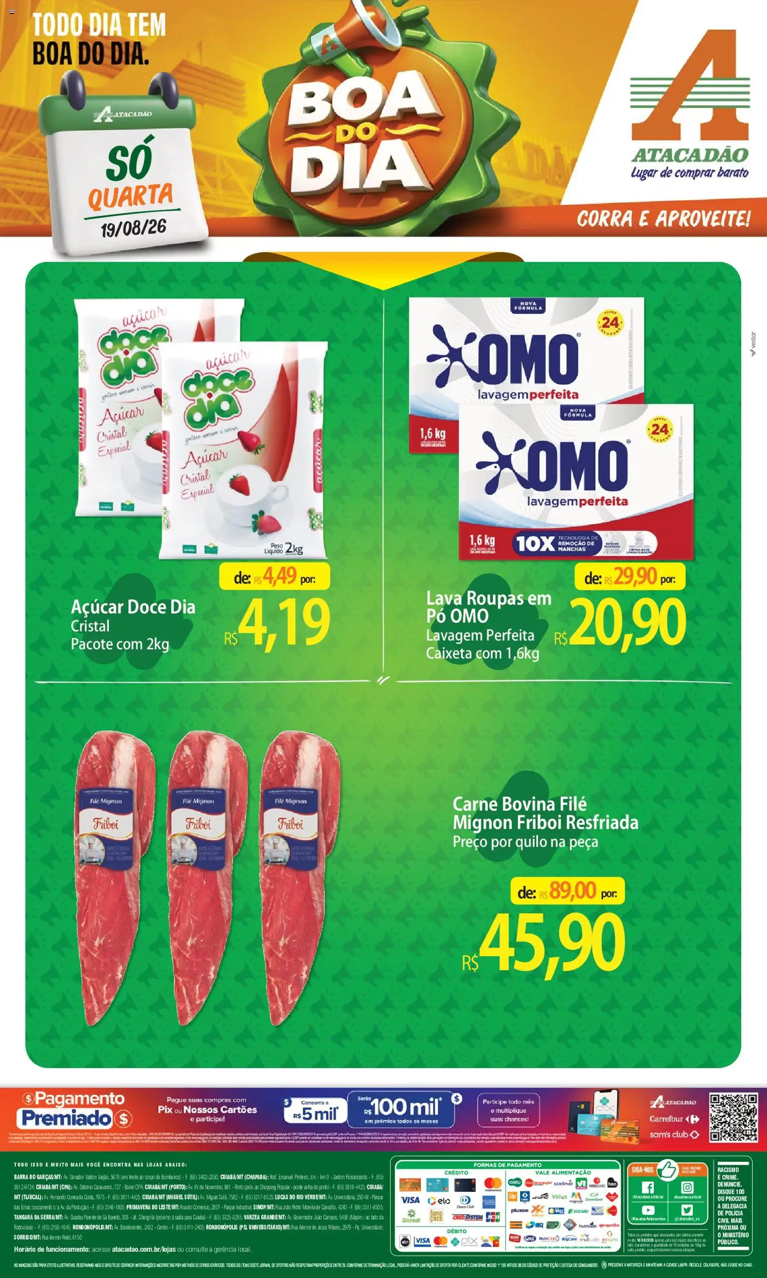 Pré-Visualização do folheto "Atacadão ofertas - MT" da loja Atacadão válido a partir de 19/08/2026 - Roupas, Carne, Doce, Açúcar, Pó, Filé mignon, Carne bovina