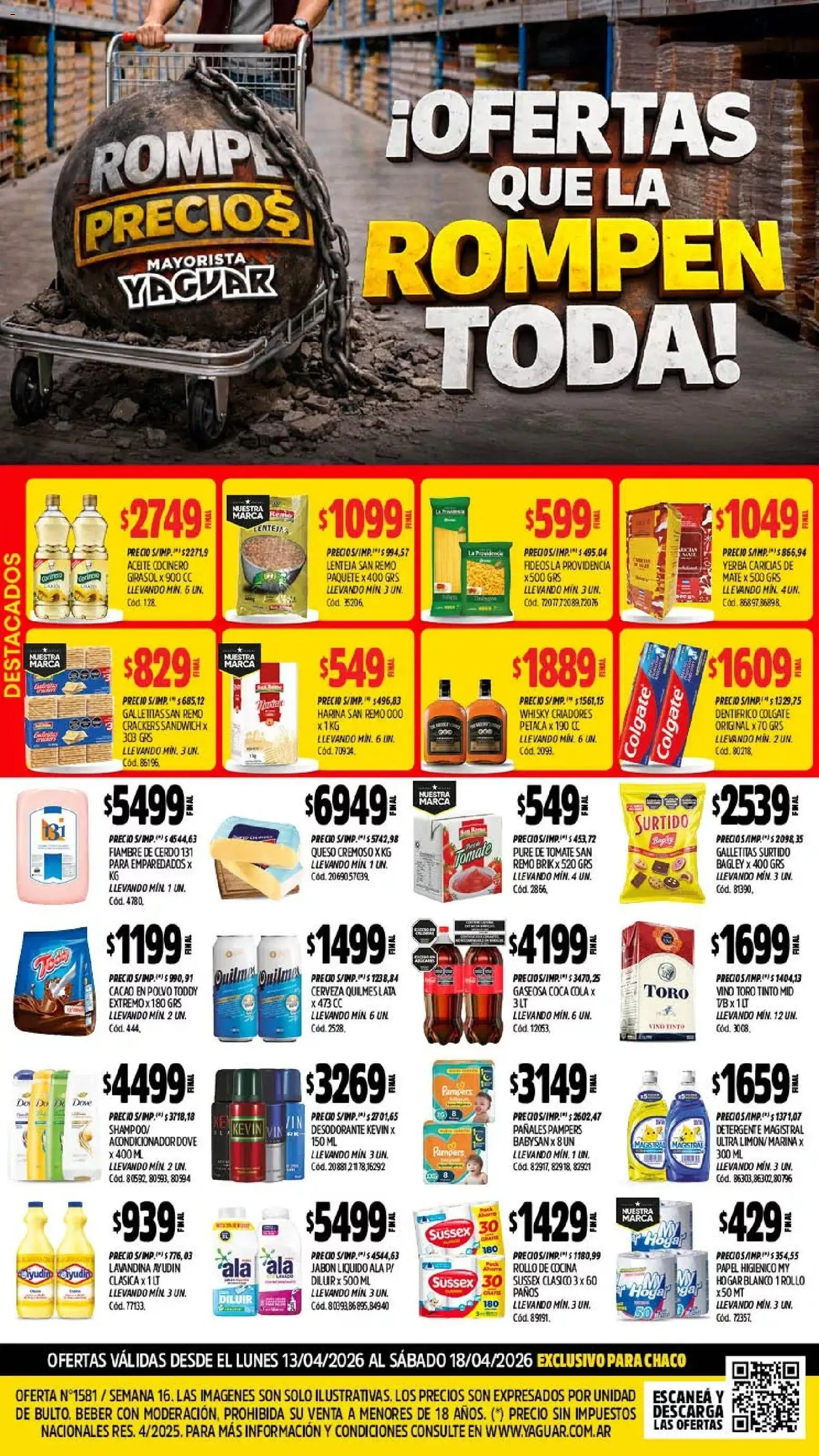Vista previa del folleto de la tienda Yaguar válido desde el 13/04/2026 - Vino, Harina, Vino tinto, Papel higiénico, Lavandina, Gaseosa, Jabón líquido, Acondicionador