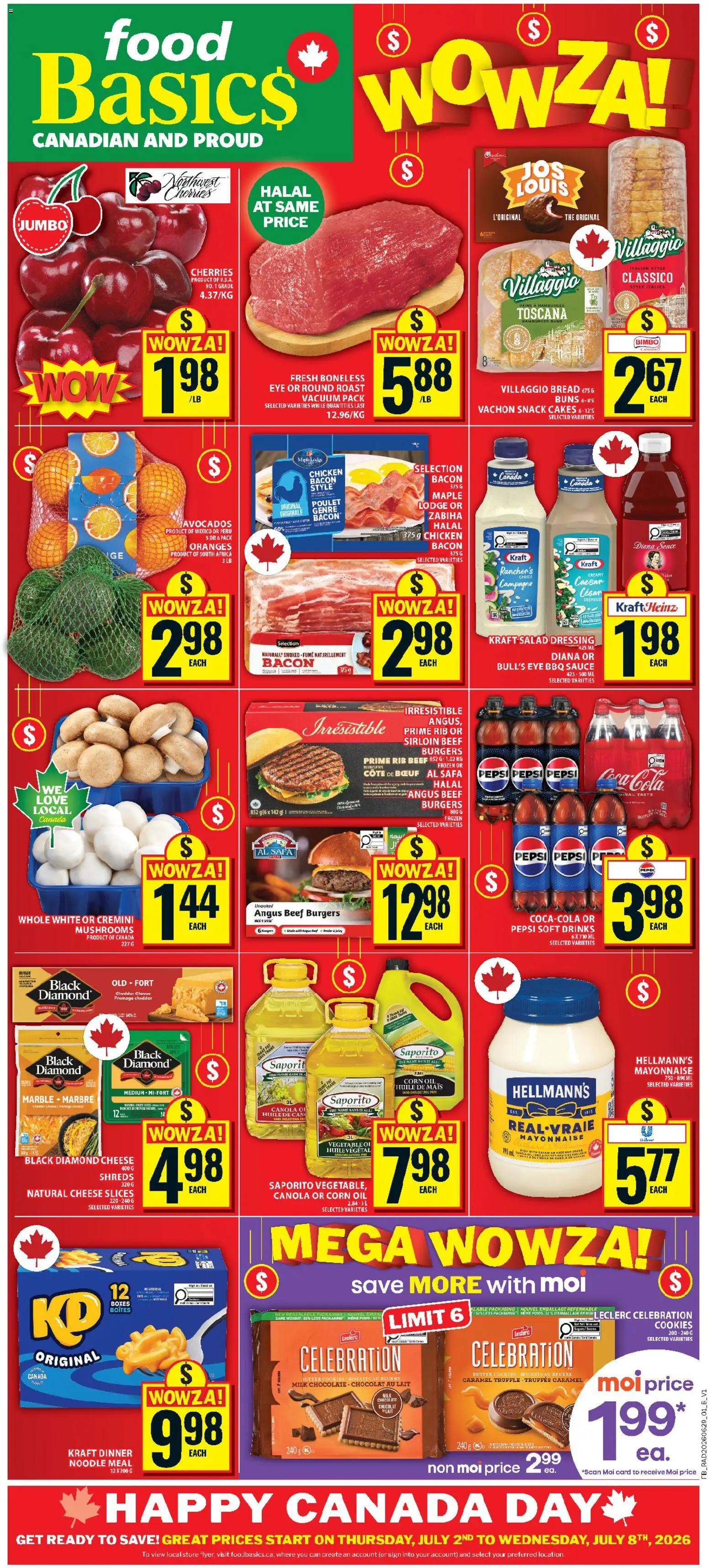 Preview of leaflet Food Basics weekly flyer / circulaire from shop Food Basics is valid from Jul 02, 2026 - Chicken, Salad, Mushrooms, Bread, Oil, Pepsi, Corn, Roast