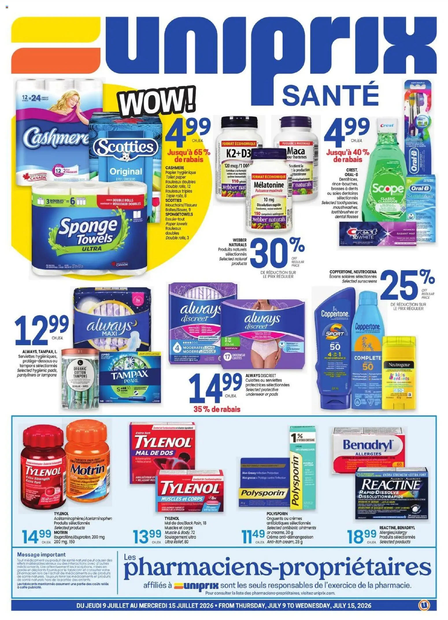 Preview of leaflet Uniprix - Uniprix Sante from shop Uniprix is valid from Jul 09, 2026 - Tampons, Toilet paper, Underwear, Paper towels, Towels, Sponge