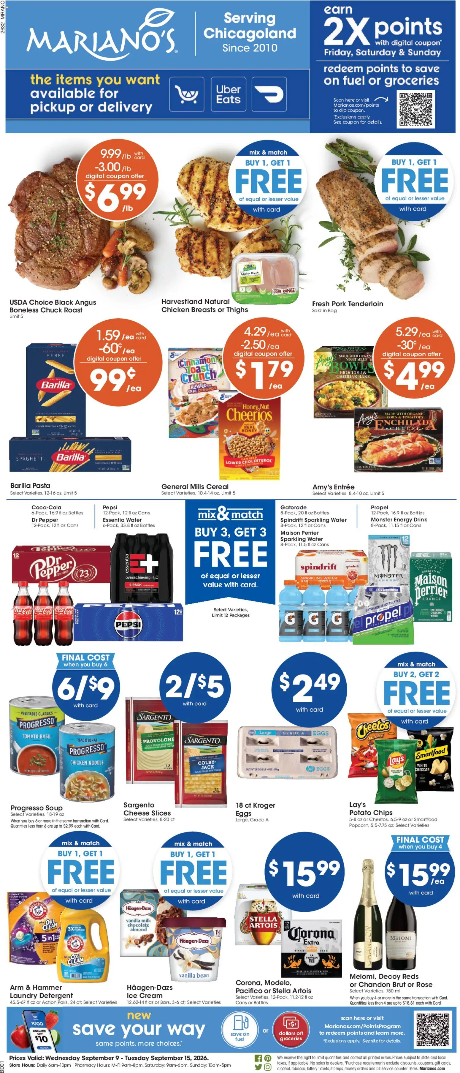 Ad Preview of Mariano's Mariano's Weekly Ad from 09/09/2026 - Groceries, Water, Energy drink, Clip, Pork tenderloin, Vanilla bean, Detergent, Barilla