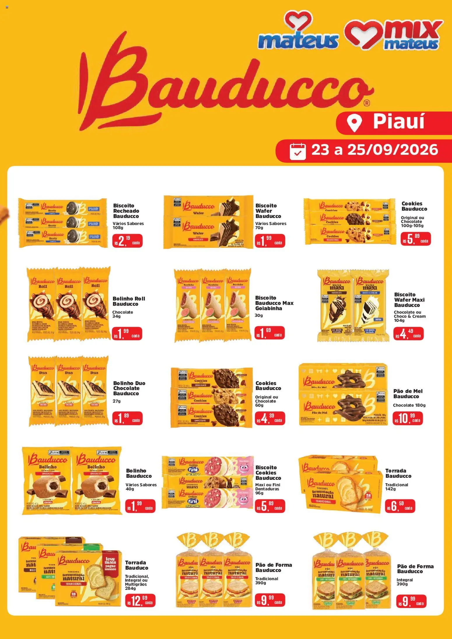 Pré-Visualização do folheto "Mateus ofertas Bauducco" da loja Mateus válido a partir de 23/09/2026 - Chocolate, Cookies, Pão, Biscoito, Mel, Pão de mel, Pão de forma