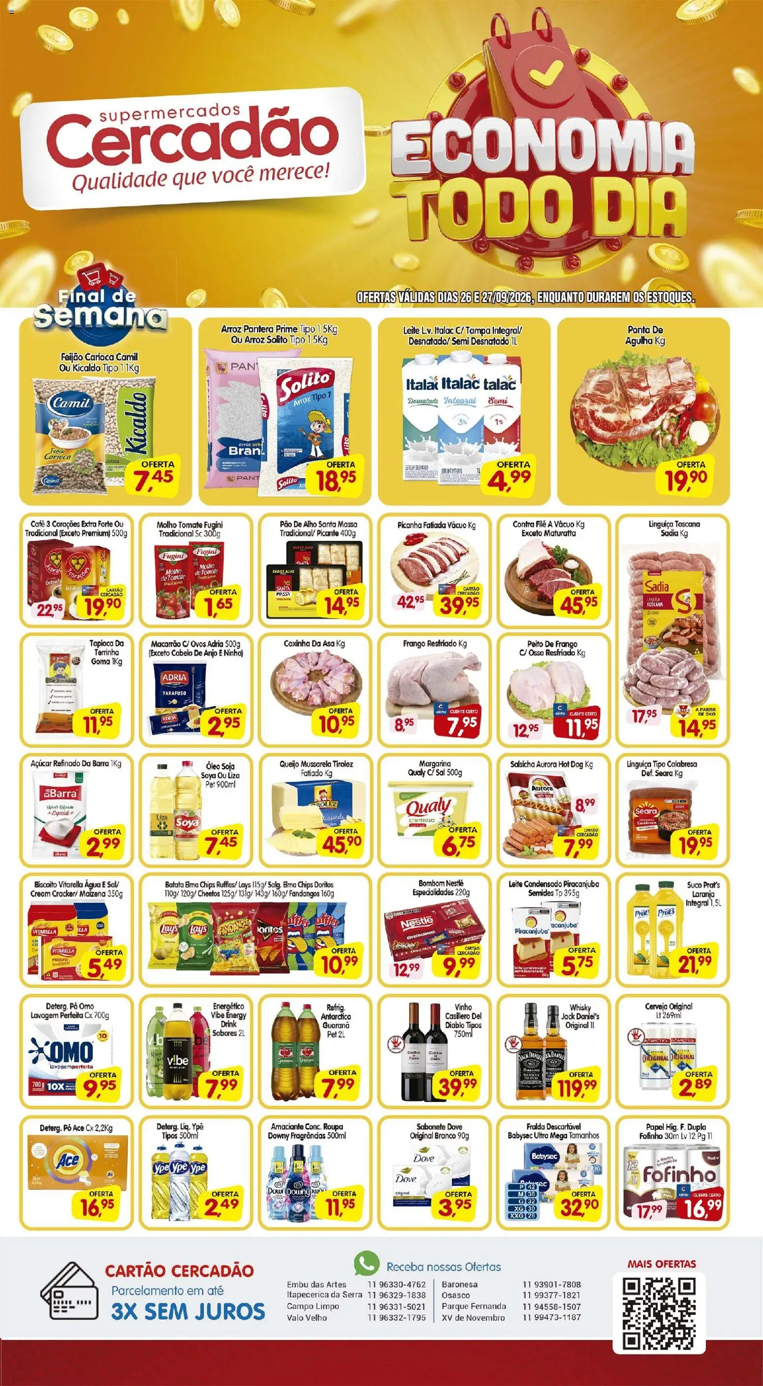 Pré-Visualização do folheto "Cercadão - Ofertas da semana" da loja Cercadão válido a partir de 26/09/2026 - Sal, Arroz, Feijão, Batata, Soja, Elma Chips, Peito de frango, Alho