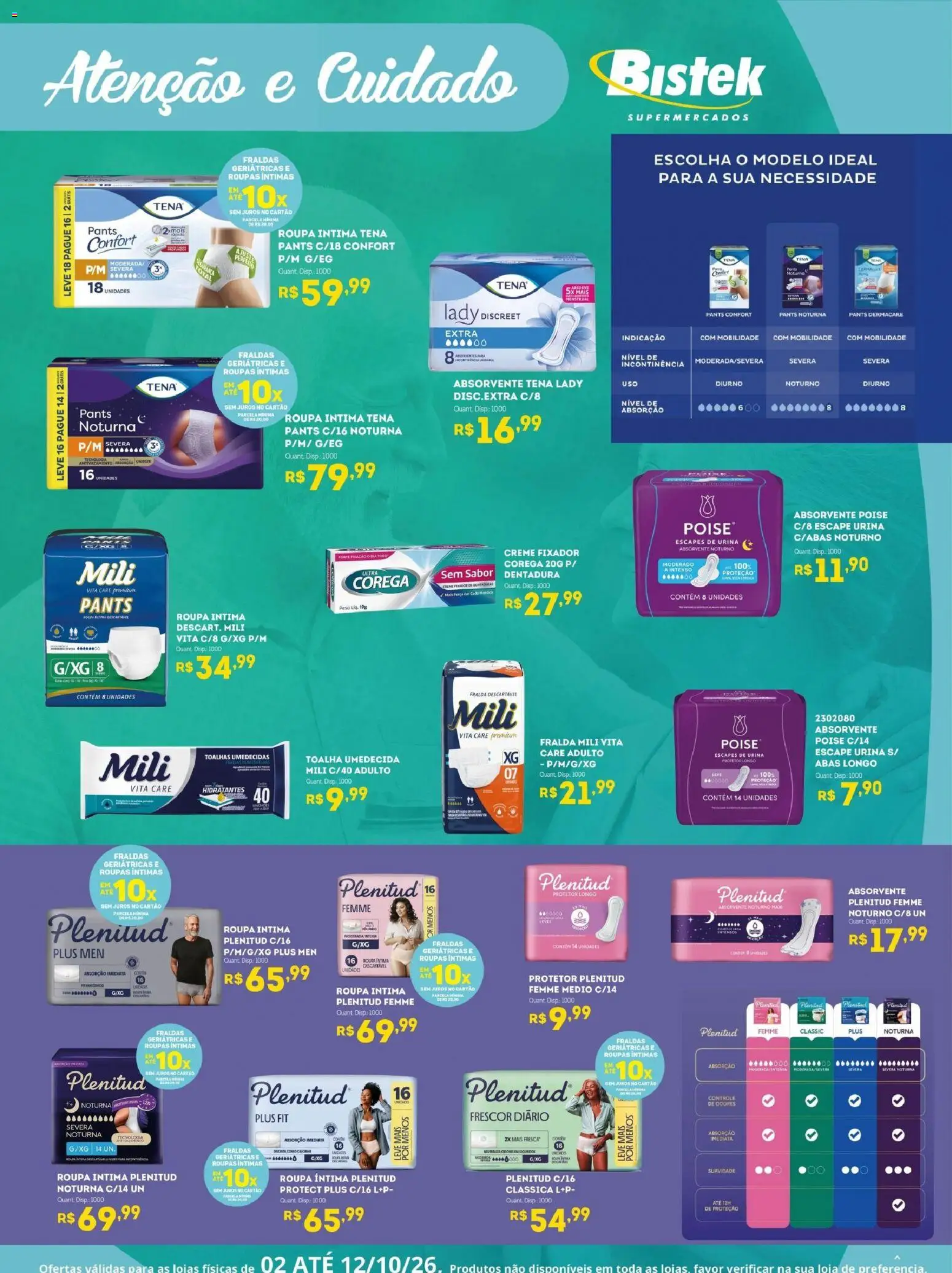 Pré-Visualização do folheto "Bistek Supermercados ofertas Atenção e Cuidado" da loja Bistek Supermercados válido a partir de 02/10/2026 - Roupas, Absorvente, Creme, Fraldas geriátricas, Fixador, Toalha umedecida, Roupas íntimas, Creme fixador