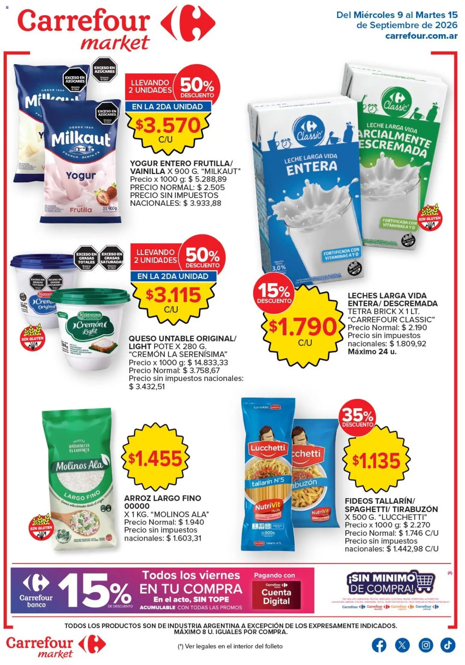 Vista previa del folleto de la tienda Carrefour Market válido desde el 09/09/2026 - Vitaminas, Queso, Arroz, Frutilla, Leche, Fideos, Yogur, Untable