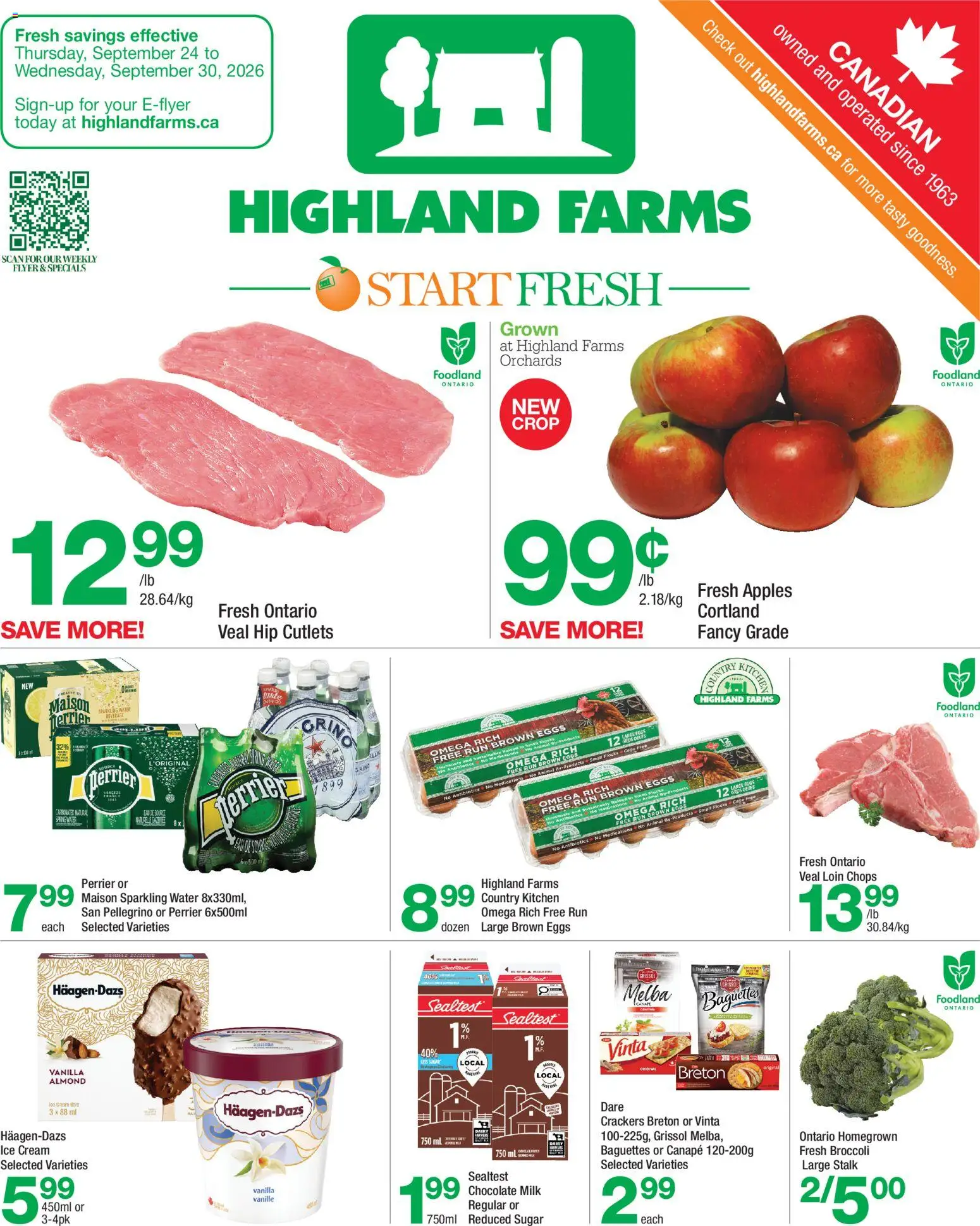 Preview of leaflet Highland Farms weekly flyer / circulaire from shop Highland Farms is valid from Sep 24, 2026 - Ice cream, Water, Chocolate, Ice, Omega, Sugar, Cream, Crackers