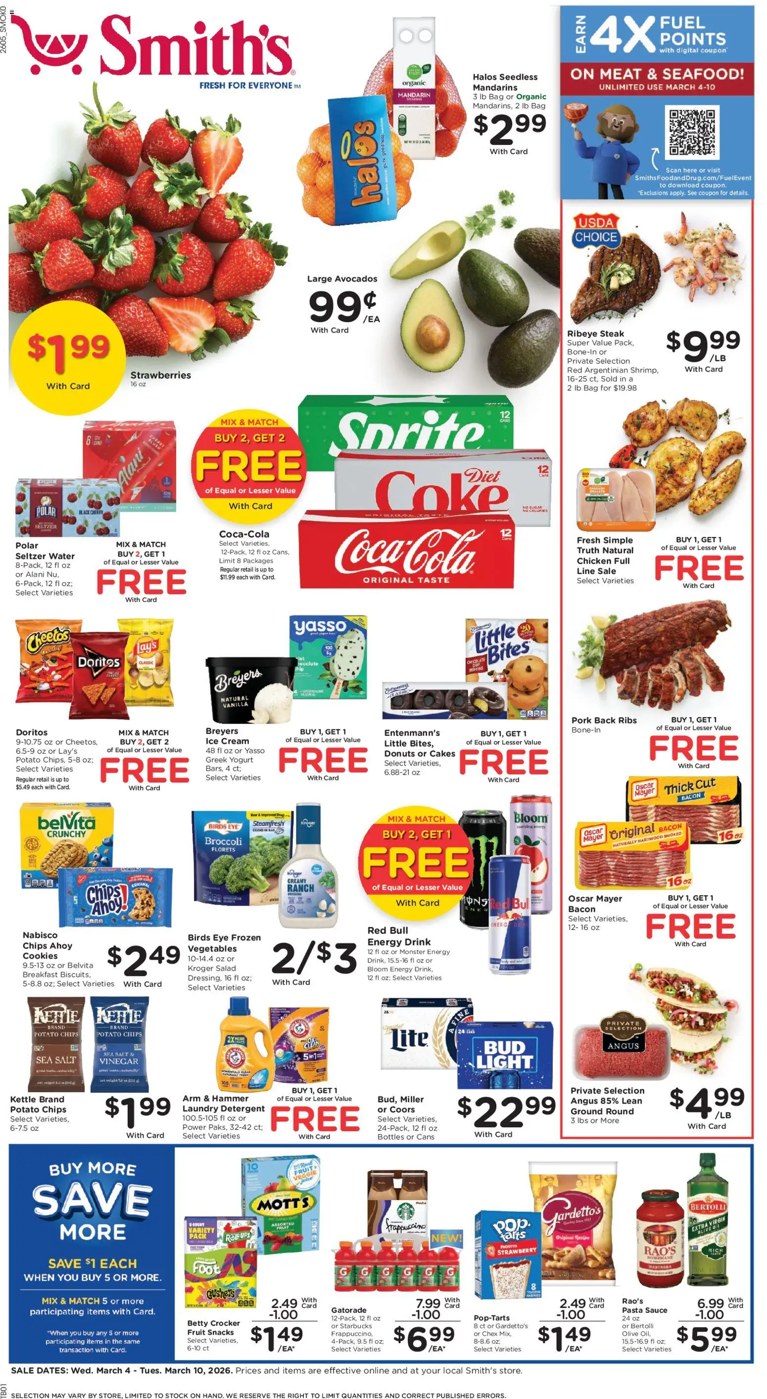 Ad Preview of Smith's Smith's Weekly Ad - WY from 03/04/2026 - Seafood, Broccoli, Red Bull, Sprite, Bag, Mandarins, Hammer, Potato chips