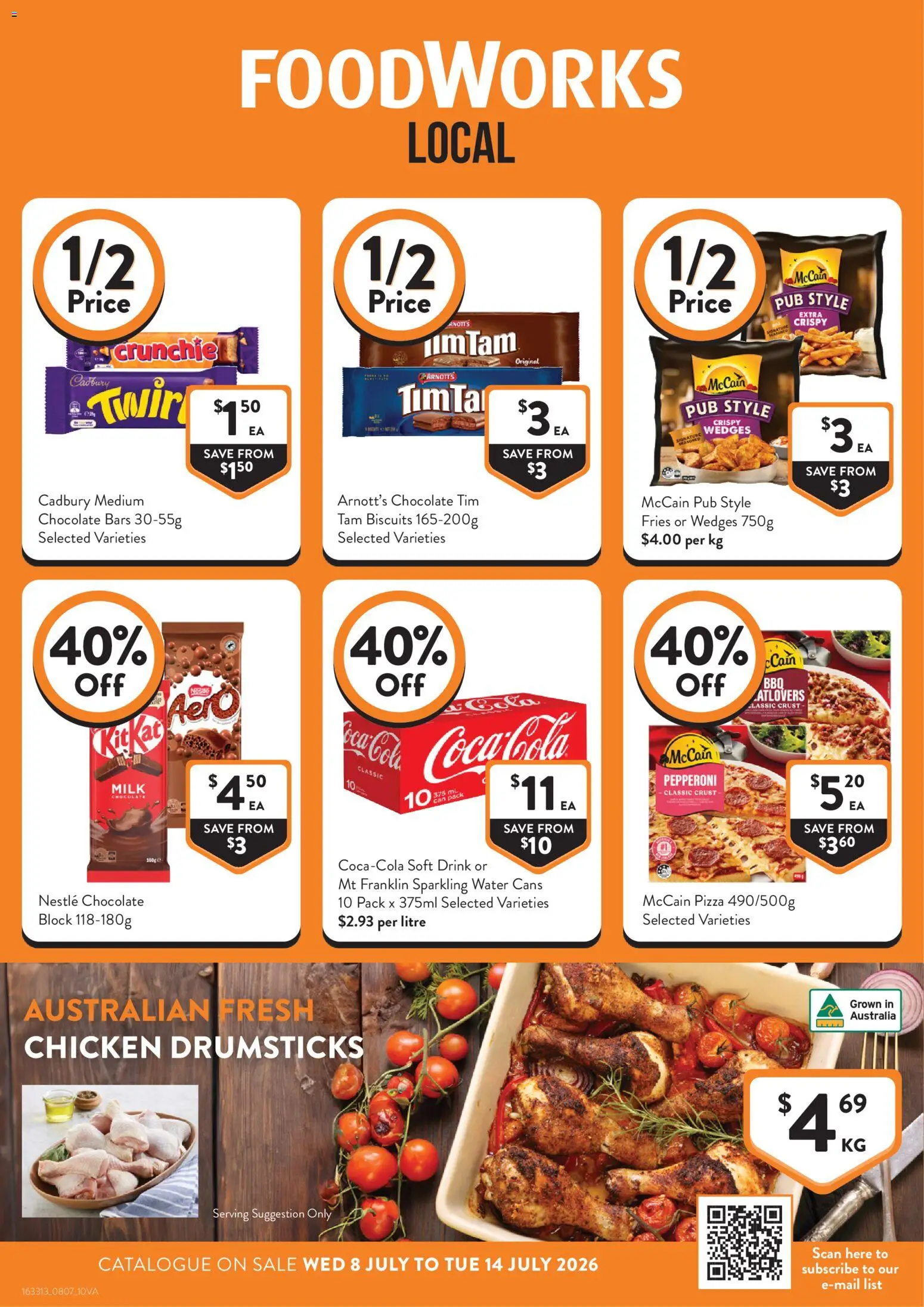 Preview of catalogue Foodworks catalogue VIC from shop Foodworks valid 08/07/2026 - Fries, Milk, Pizza, Chicken, Chicken drumsticks, Coca Cola, Biscuits, Drumsticks