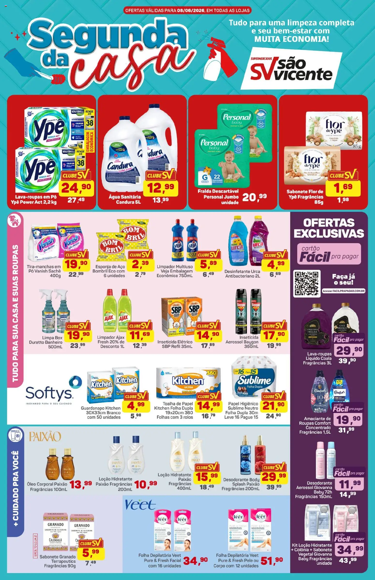Pré-Visualização do folheto "Supermercados São Vicente - Ofertas da semana" da loja Supermercados São Vicente válido a partir de 08/06/2026 - Absorvente, Sabonete, Baunilha, Amaciante, Óleo corporal, Pó, Água sanitária, Limpador multiuso
