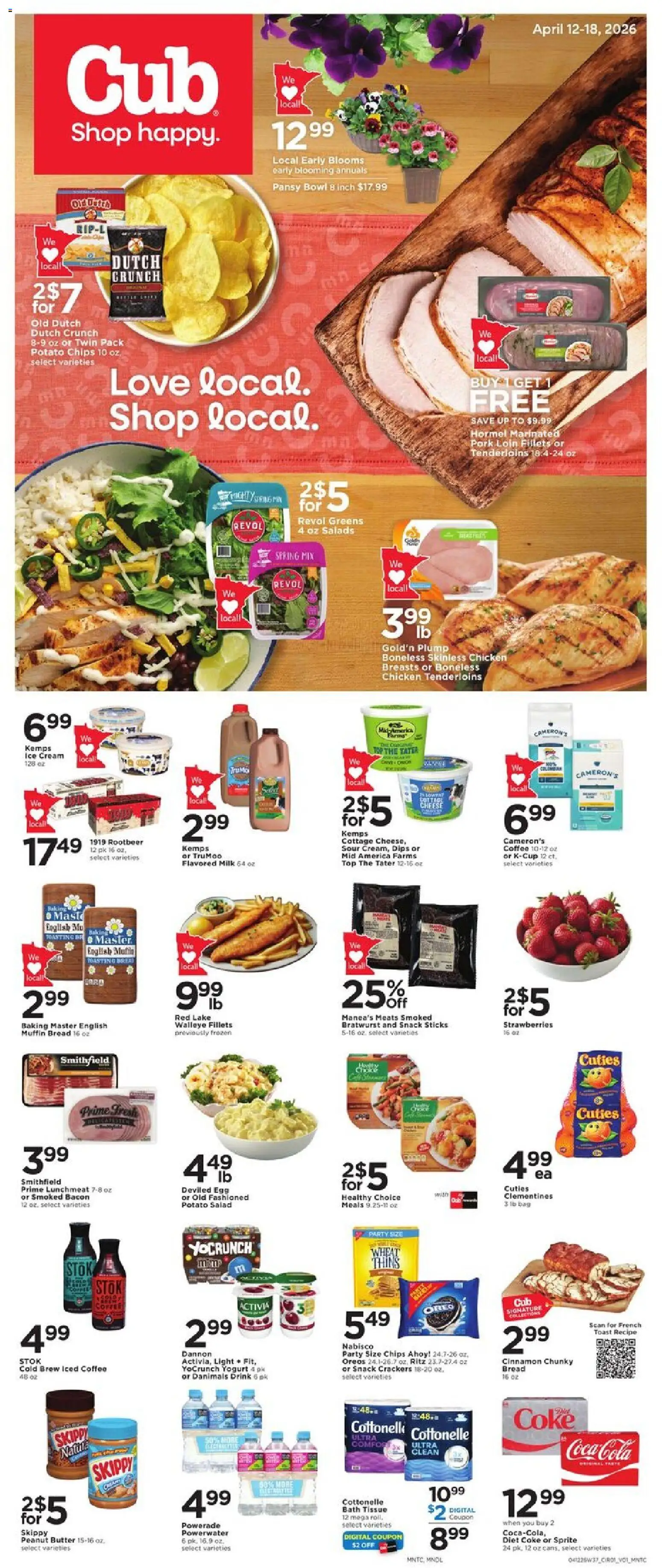 Ad Preview of Cub Foods Cub Foods Weekly Savings - MN from 04/12/2026 - Ice, Greens, Bread, Bacon, Sprite, Crackers, Pork loin, Chicken