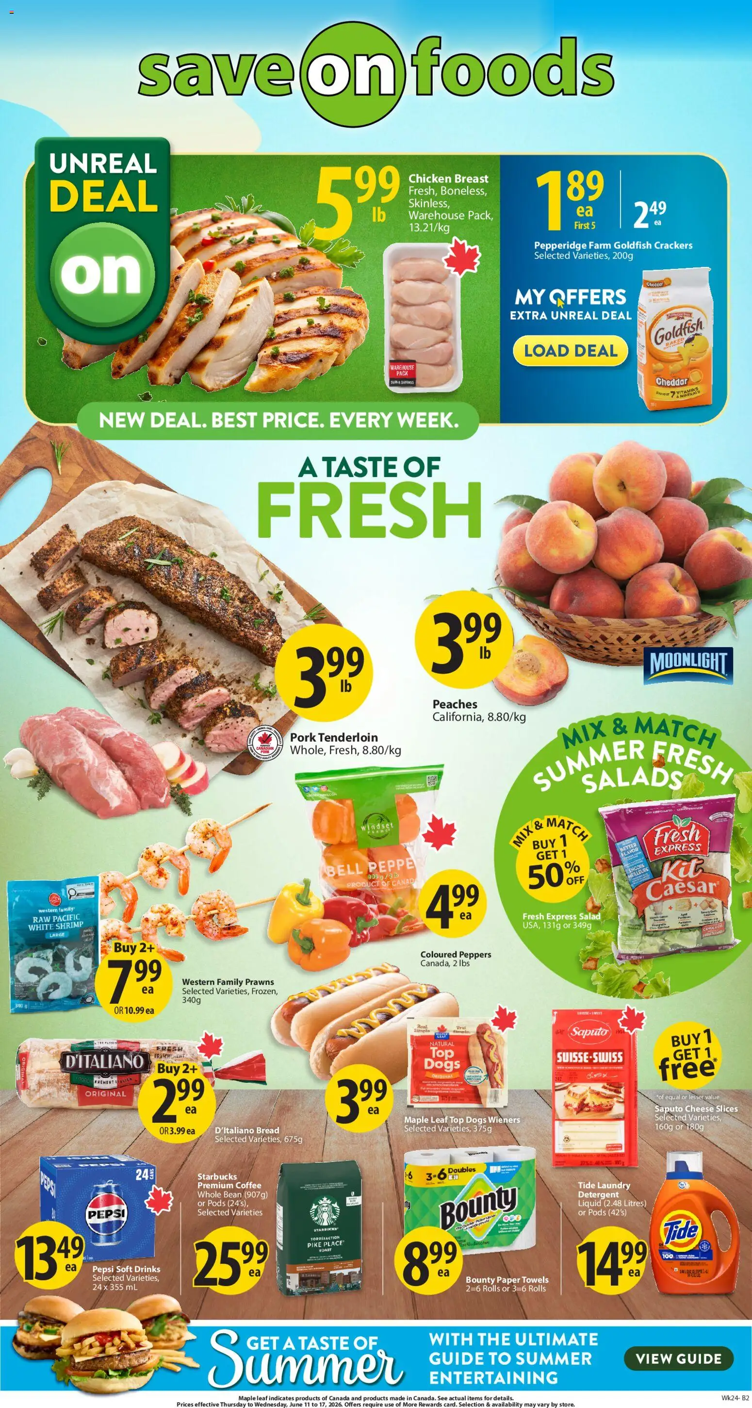 Preview of leaflet Save on foods weekly flyer / circulaire from shop Save on foods is valid from Jun 11, 2026 - Chicken, Shrimp, Peaches, Pork tenderloin, Pork, Roast, Chicken breast, Paper towels