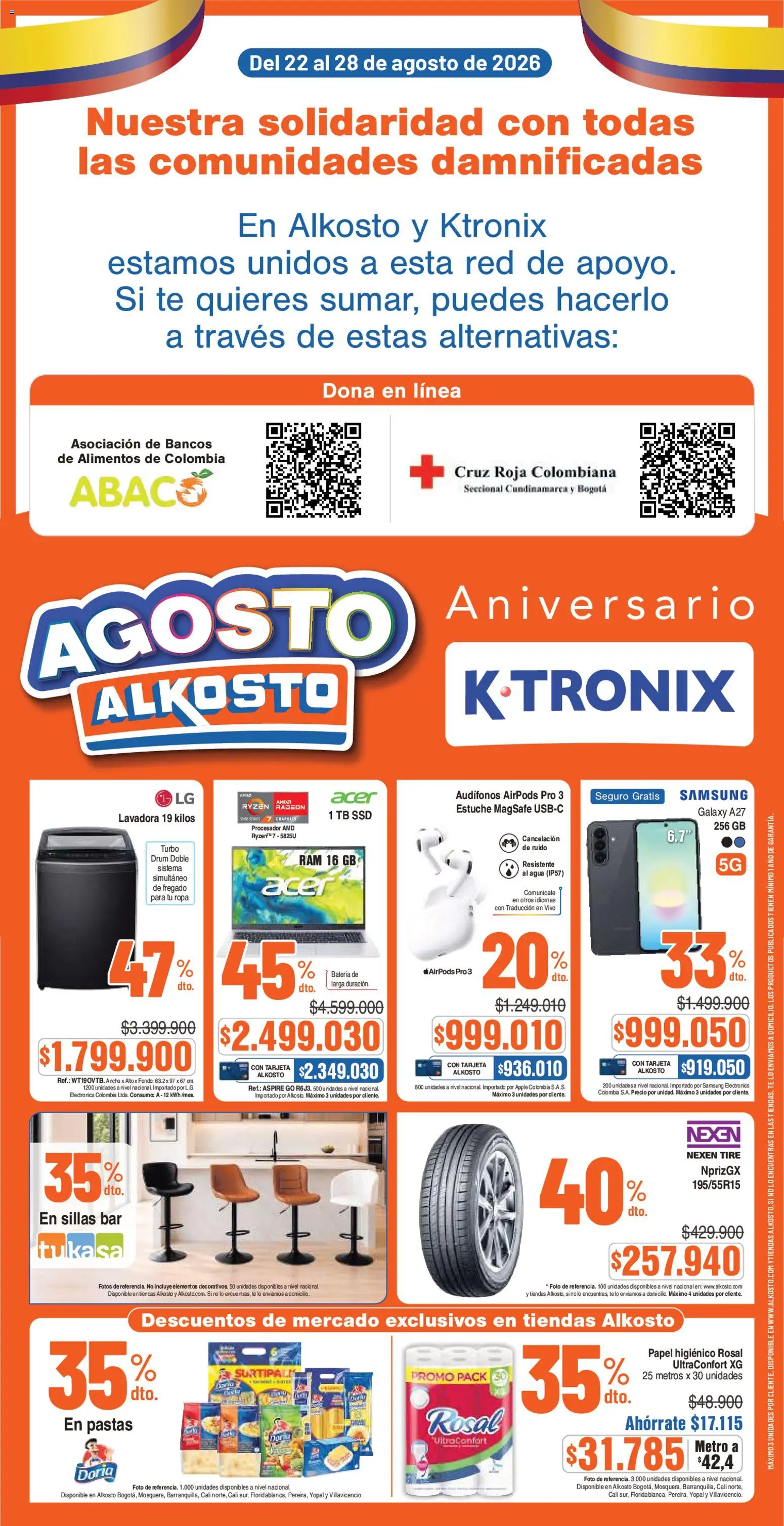  Vista previa del prospecto Alkosto catálogo del almacen Alkosto válida del 22/08/2026 al 28/08/2026 - Agua, Té, Lavadora, Batería, Ropa, Papel higiénico, Estuche, Audífonos