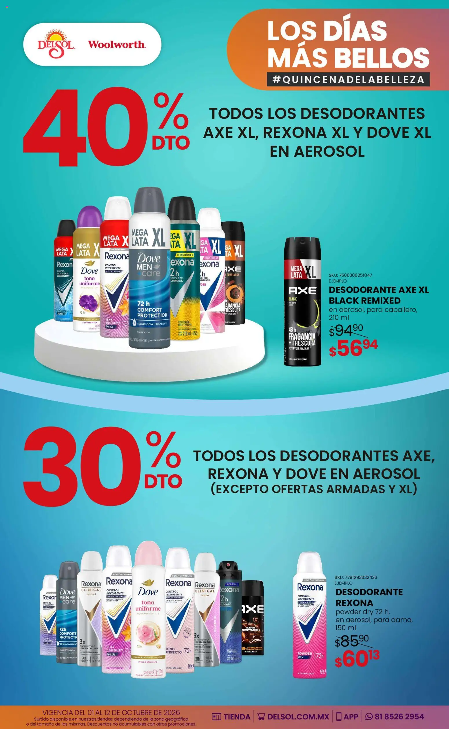 Vista previa las ofertas de la tienda Del Sol y Woolworth - Del Sol y Woolworth catálogo Los días más bellos - Quincena Belleza desde el 01/10/2026 - Desodorante, Aloe Vera, Fragancia