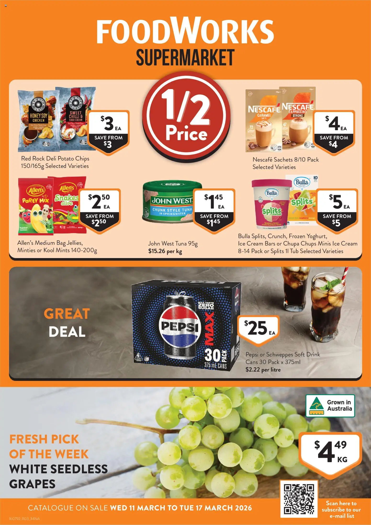 Preview of catalogue Foodworks catalogue from shop Foodworks valid 11/03/2026 - Honey, Sachets, Ice cream, Tuna, Grapes, Raspberry, Seedless grapes, Bag