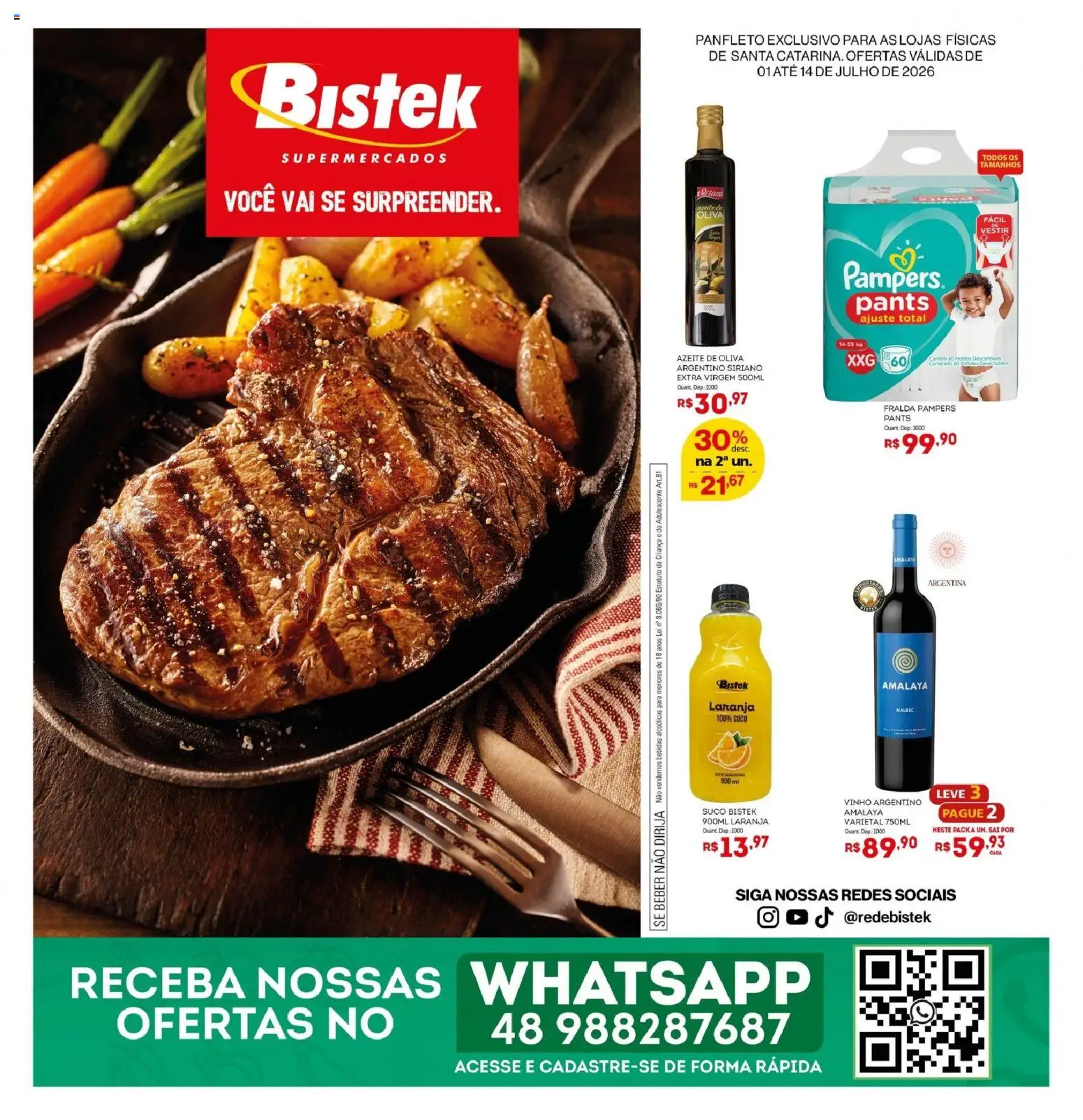 Pré-Visualização do folheto "Bistek Supermercados ofertas Quinzenal" da loja Bistek Supermercados válido a partir de 01/07/2026 - Fralda pampers, Vinho, Bebidas, Azeite, Suco, Pampers, Azeite de oliva