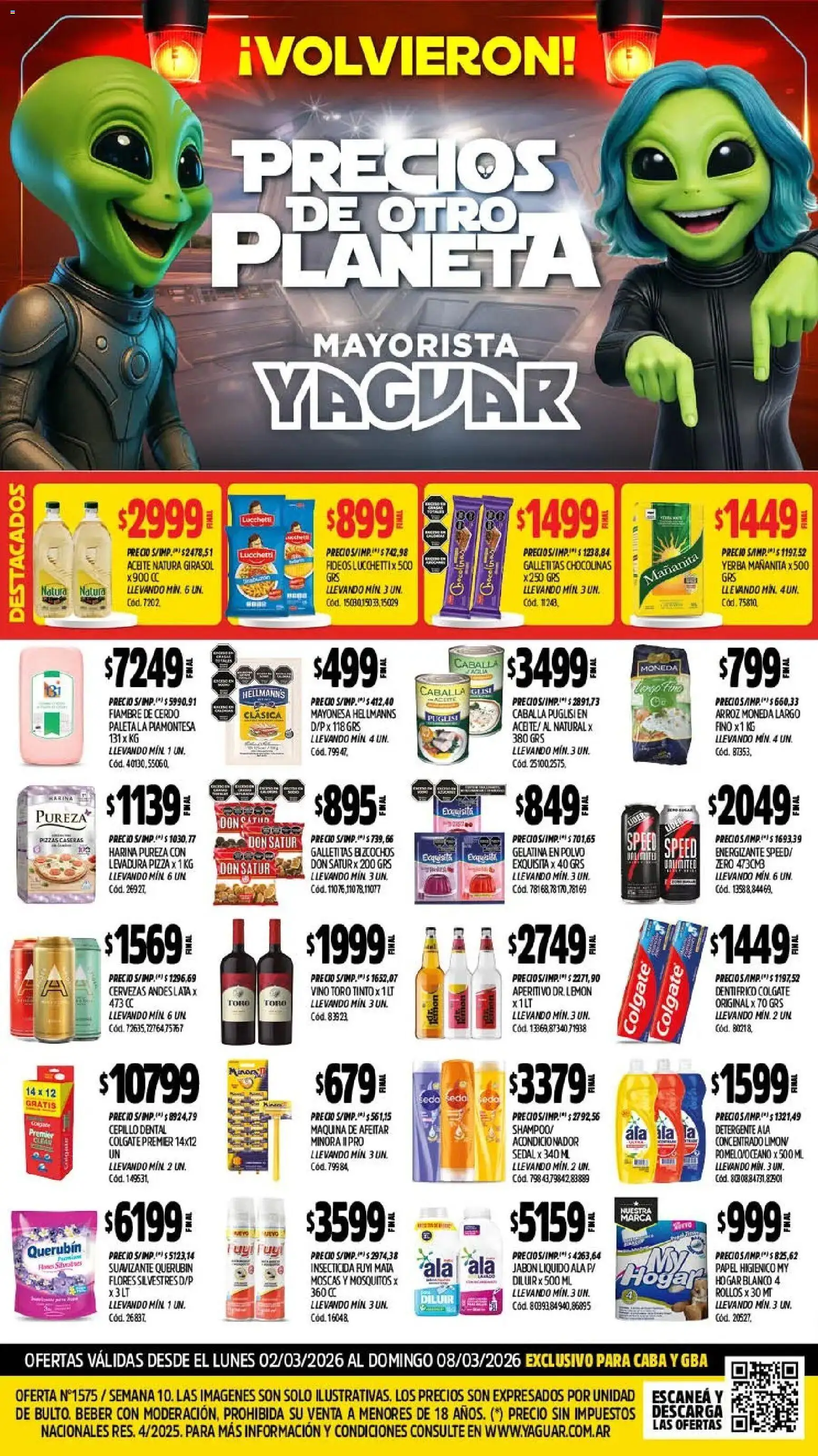Vista previa del folleto de la tienda Yaguar válido desde el 02/03/2026 - Pizza, Arroz, Aceite, Papel higiénico, Maquina de afeitar, Bizcochos, Cepillo, Polvo