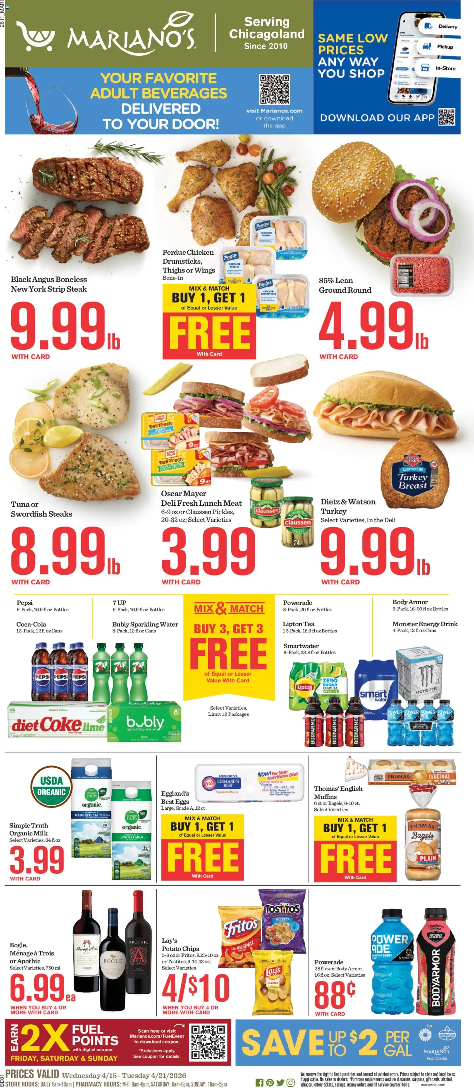 Ad Preview of Mariano's Mariano's Weekly Ad from 04/15/2026 - Chips, Honey, Meat, Pepsi, Sugar, Energy drink, Oven, Drumsticks