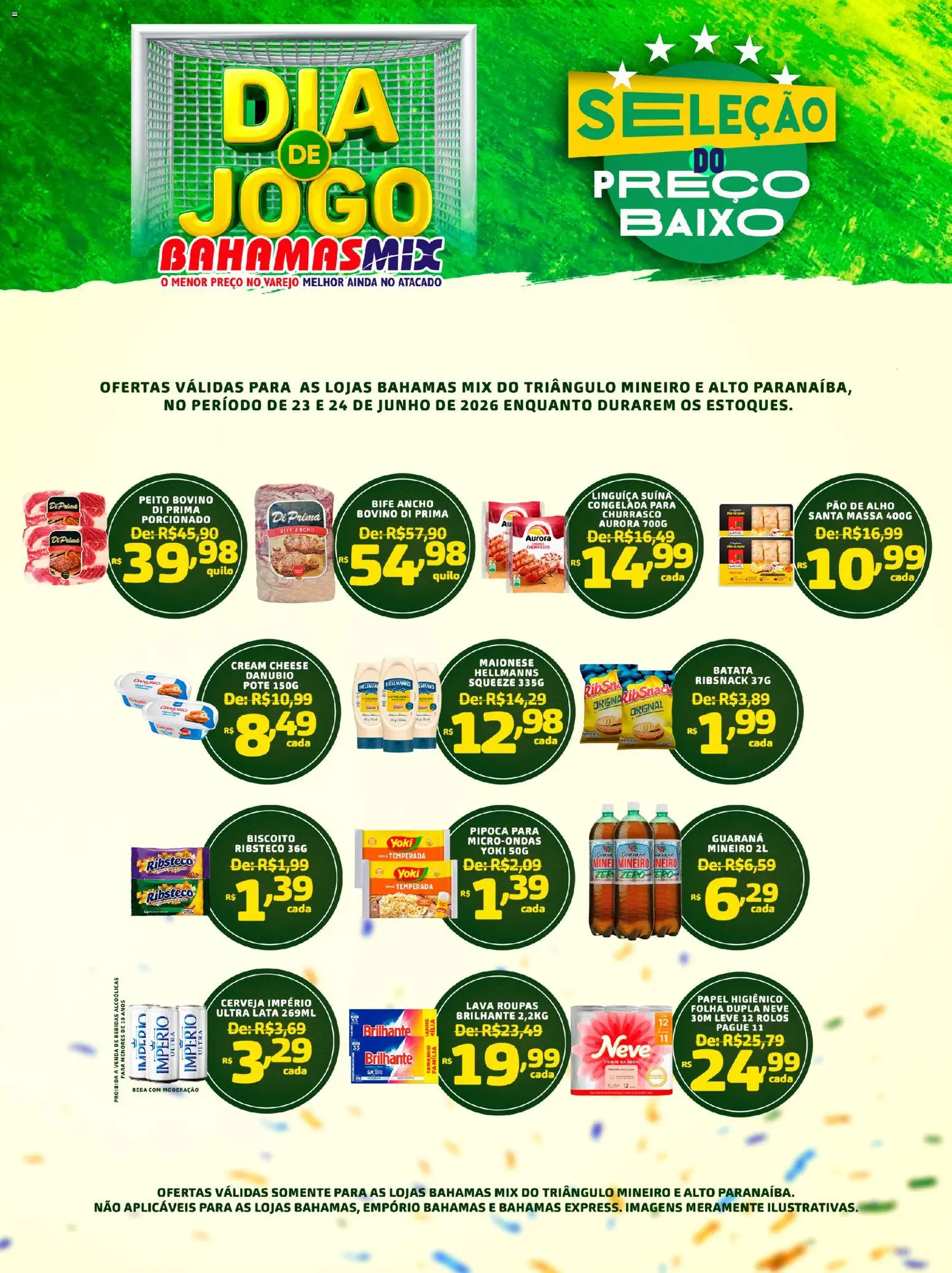 Pré-Visualização do folheto "Bahamas Mix ofertas Dia de Jogo" da loja Bahamas Mix válido a partir de 23/06/2026 - Microondas, Roupas, Bebidas, Pão, Pipoca, Massa, Alho, Guaraná