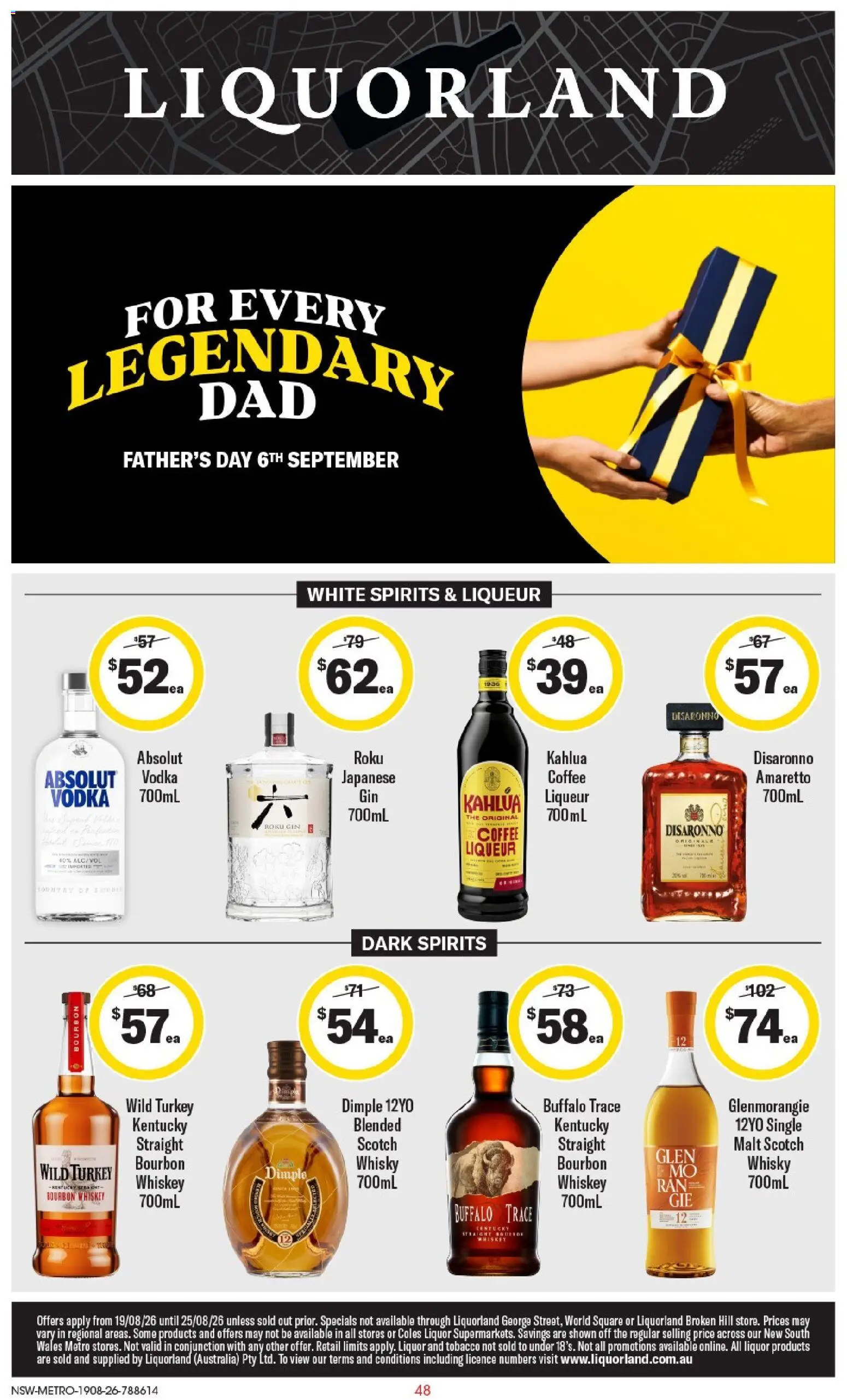 Preview of catalogue Liquorland catalogue from shop Liquorland valid 19/08/2026 - Absolut Vodka, Coffee, Bourbon, Gin, Vodka, Whiskey, Scotch, Turkey