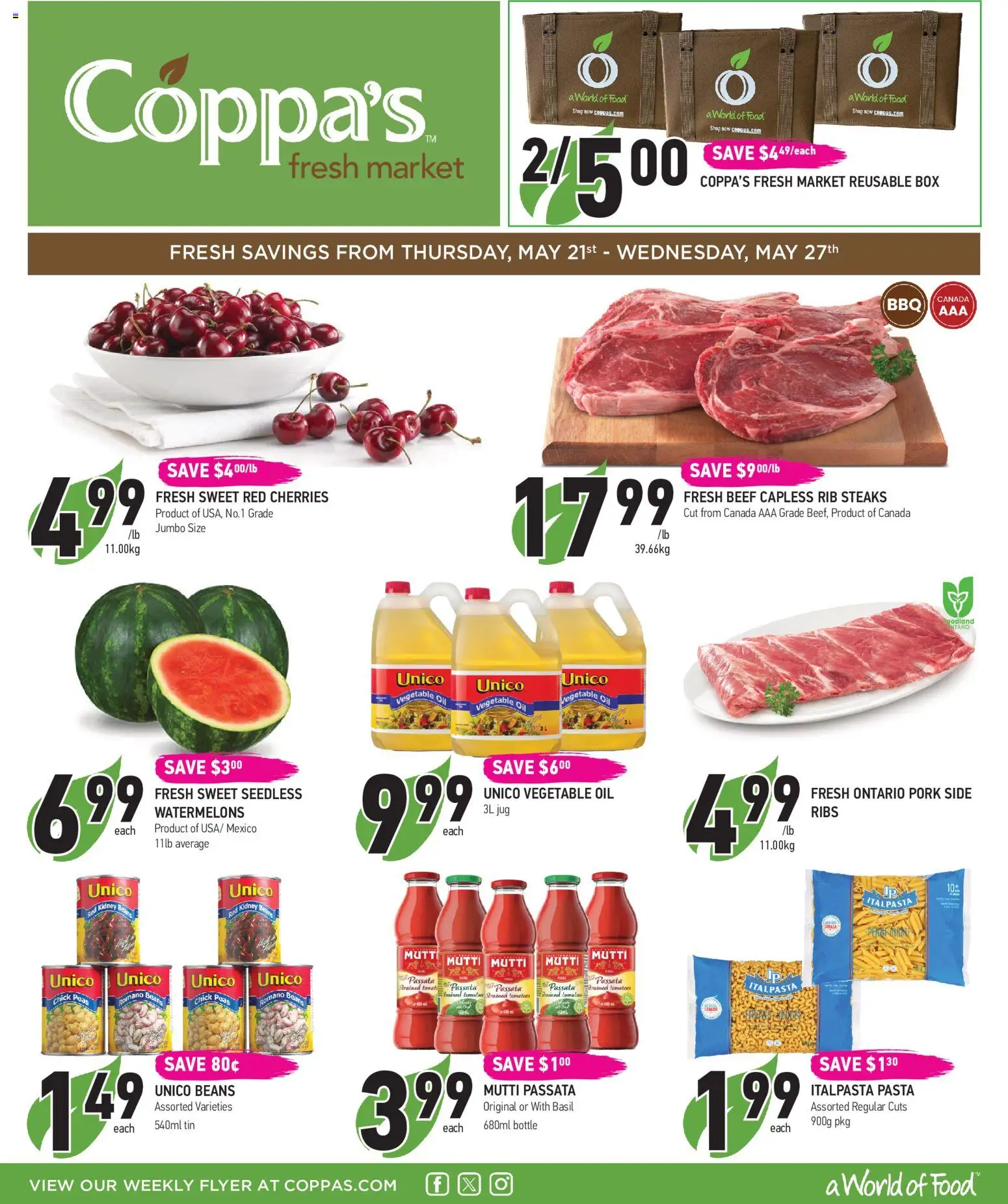 Preview of leaflet Coppas Fresh Market weekly flyer / circulaire from shop Coppas Fresh Market is valid from May 21, 2026 - Food, Pasta, Oil, Tomatoes, Beef, Beans, Pork, Vegetable oil
