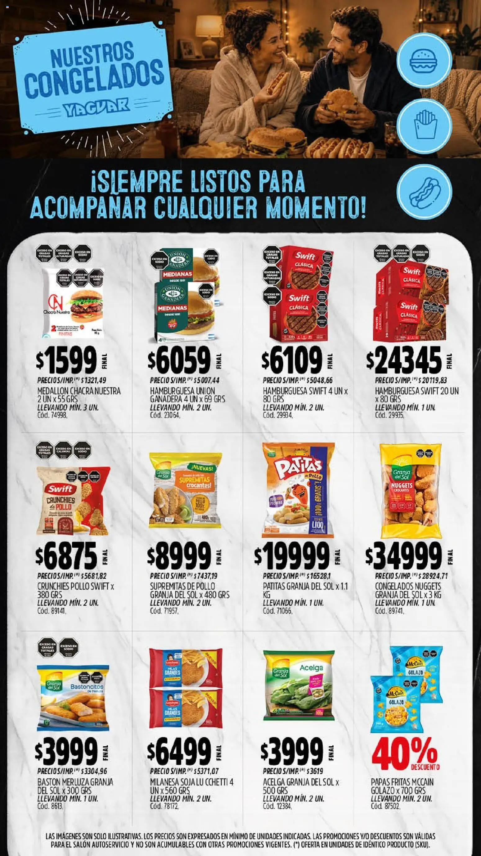Vista previa del folleto de la tienda Yaguar válido desde el 07/09/2026 - Hamburguesa, Papas, Milanesa, Pollo, Papas fritas, Acelga